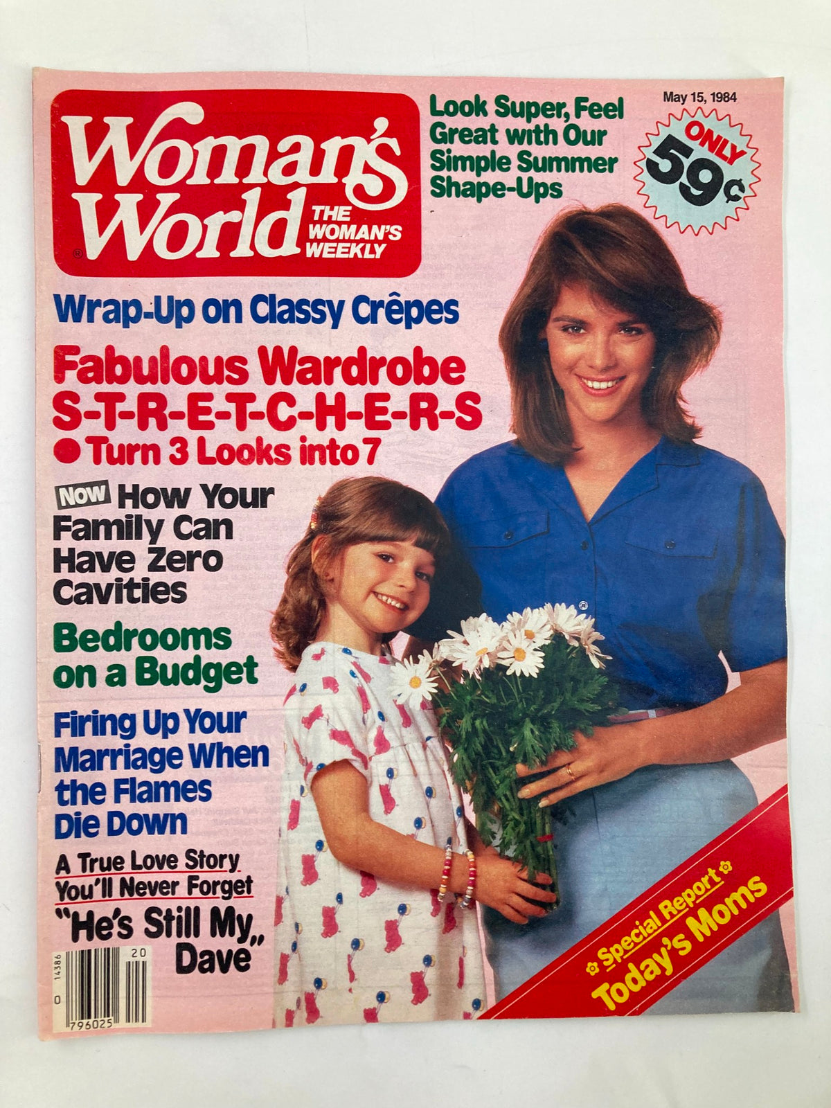 Cover of Woman's World Magazine dated May 15, 1984, featuring the title 'Bedrooms on a Budget'. The cover highlights articles on fashion, family tips, and marriage advice, and displays a woman smiling alongside a girl holding flowers.