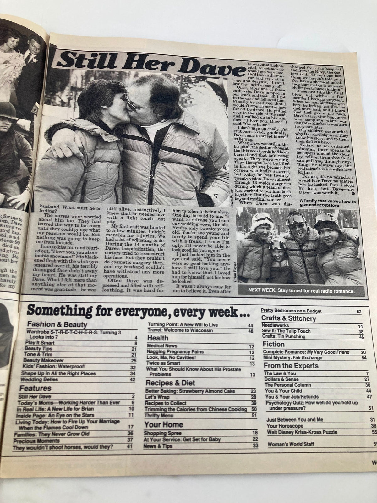 Woman's World Magazine May 15 1984 featuring an article titled 'Still Her Dave' depicting a couple sharing a loving kiss, highlighting themes of enduring love and companionship.