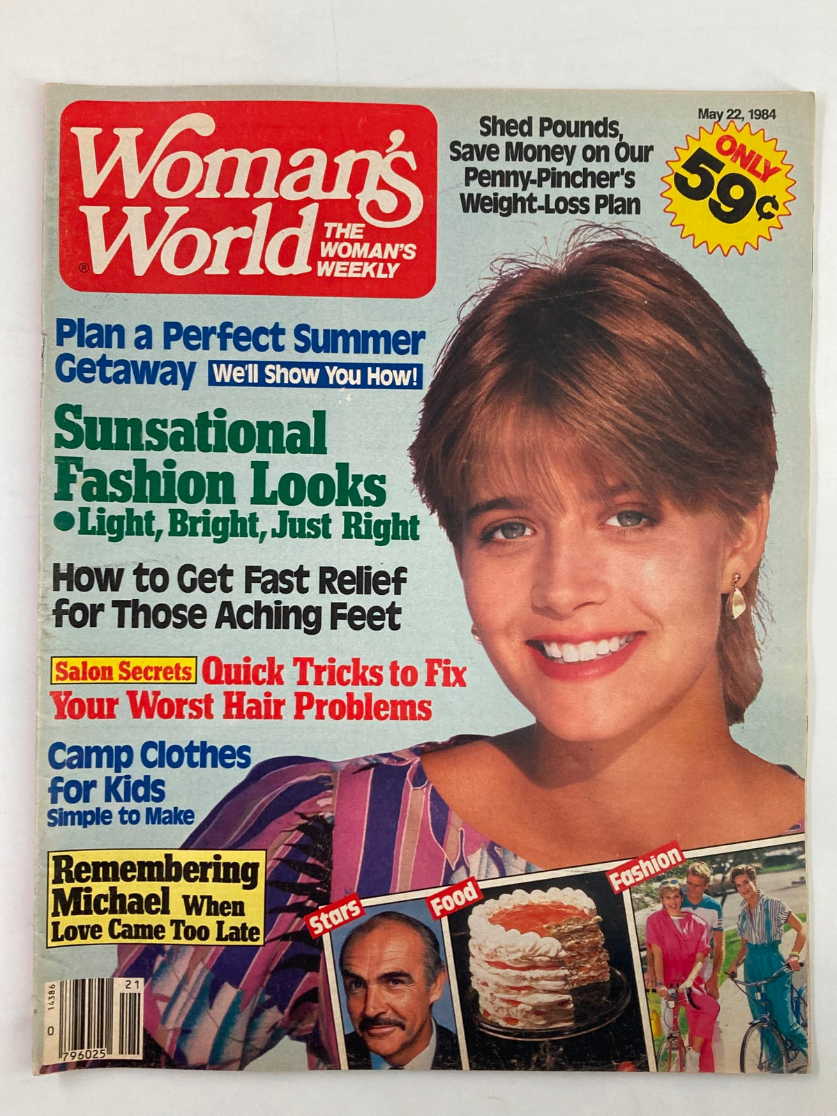 Cover of Woman's World Magazine from May 22, 1984 featuring the title 'Remembering Michael Love Came Late' with a price tag of 59 cents, showcasing a woman smiling and wearing a colorful dress.