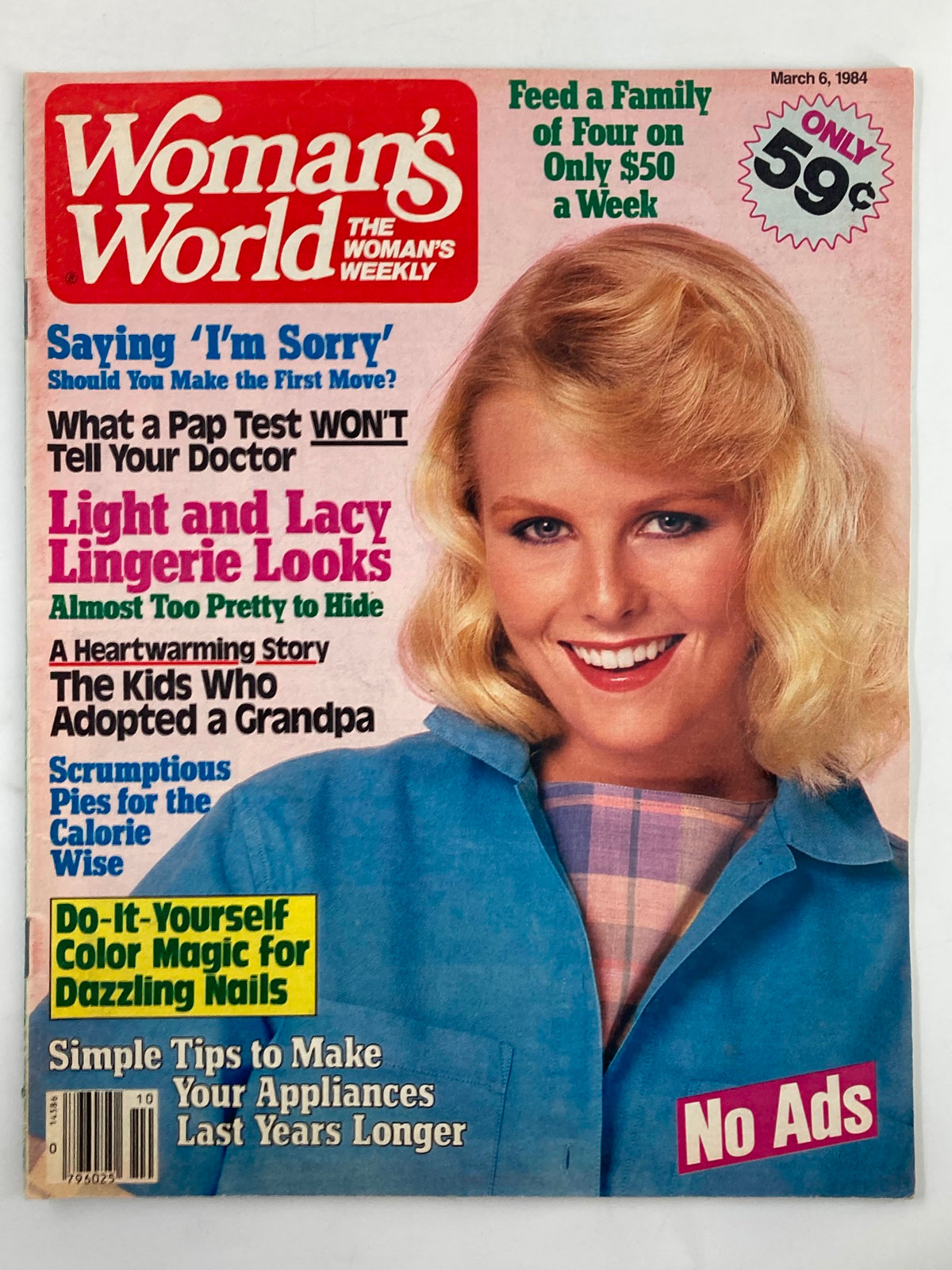 Cover of Woman's World Magazine, March 6, 1984, featuring the title 'Light and Lacy Lingerie Looks' with a smiling woman wearing a blue shirt and plaid. Highlights include articles on health and beauty, as well as cooking and DIY tips.