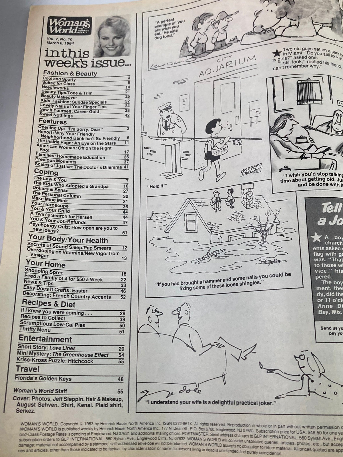 Inside page of Woman's World Magazine, March 6, 1984, showing the table of contents with sections on fashion, beauty, features, health, recipes, and entertainment. Includes humorous illustrations and article titles.