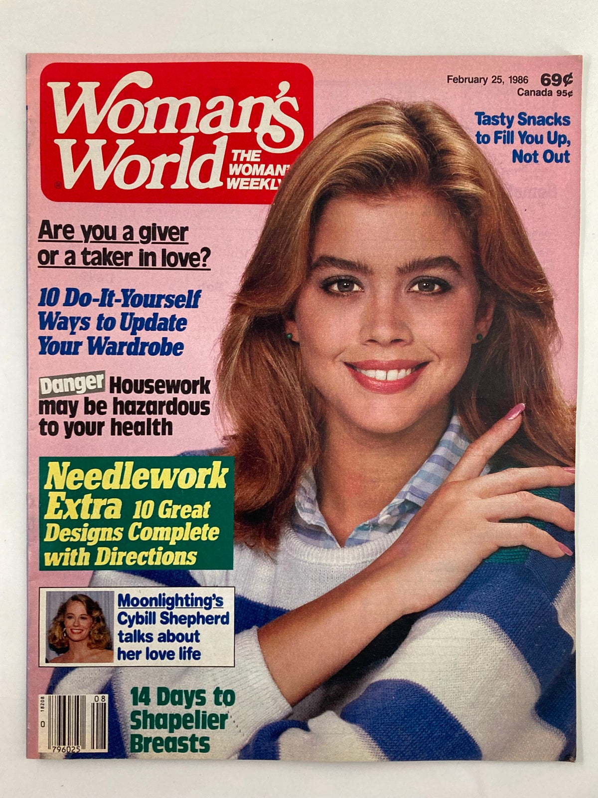 Woman's World Magazine cover from February 25, 1986, featuring actress Cybill Shepherd, promoting the content on love, DIY fashion tips, and health advice.