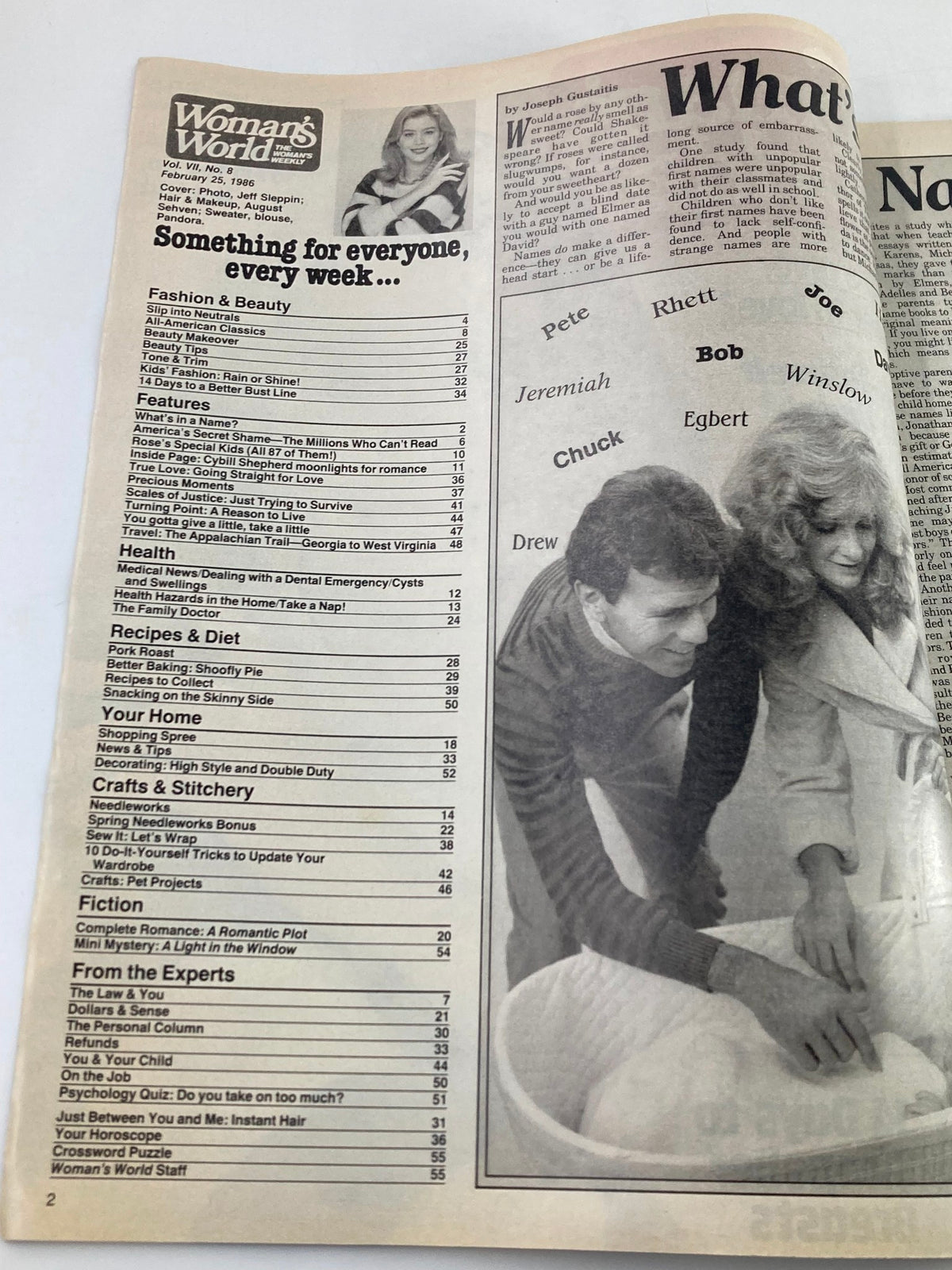 Inside page of Woman's World Magazine, February 25, 1986, displaying the table of contents alongside an image of Cybill Shepherd, outlining features and articles on beauty, recipes, and lifestyle.