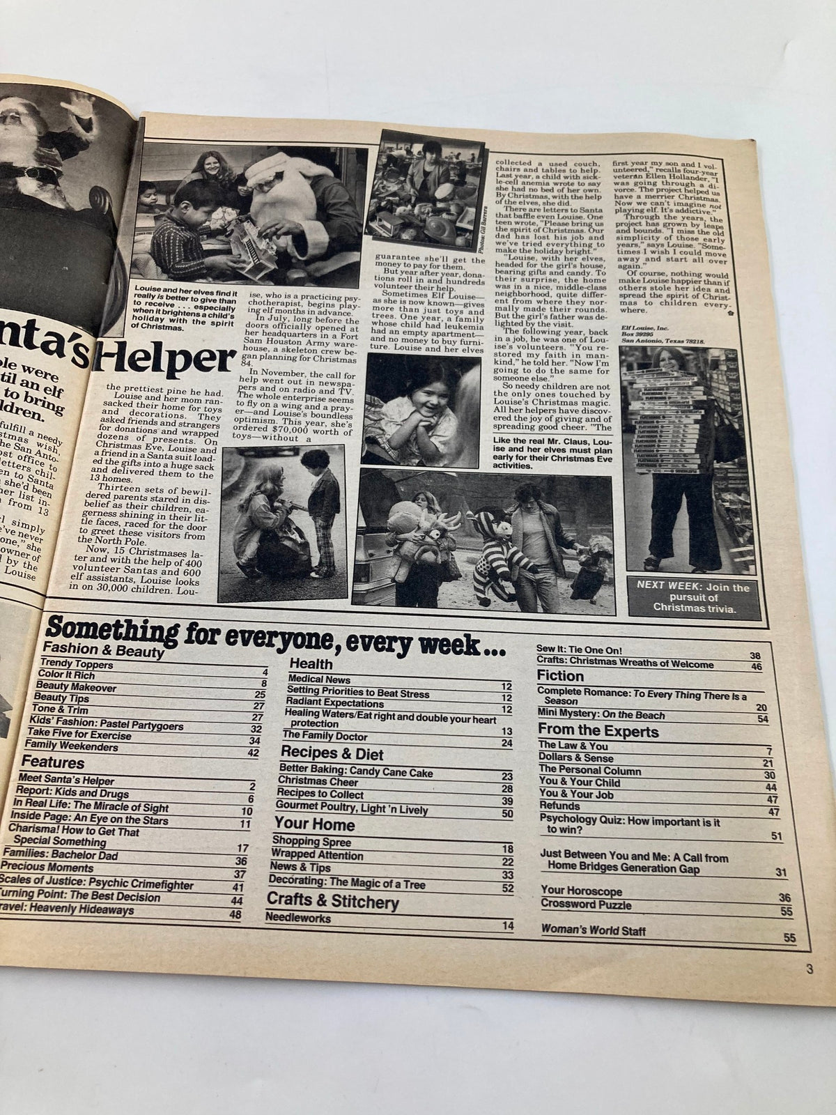 Interior page of Woman's World Magazine December 11 1984 featuring various articles and images, including a feature titled 'Santa's Helper' and details on holiday activities.