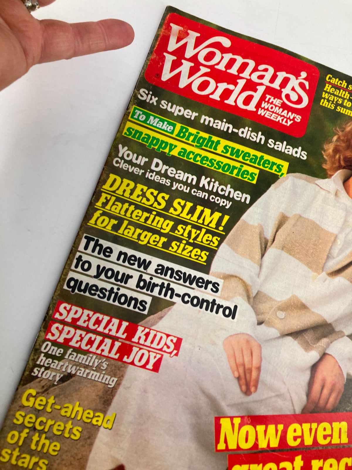 Close-up of the cover of Woman's World Magazine from June 26, 1988, highlighting featured articles on main-dish salads, dressing tips, and special kids stories.