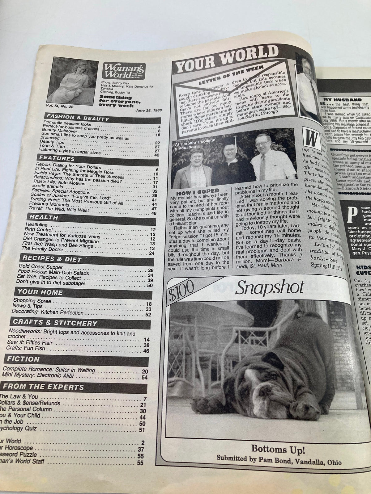 Interior page of Woman's World Magazine dated June 26, 1988, showing the table of contents and various article sections including fashion, health, and recipes.