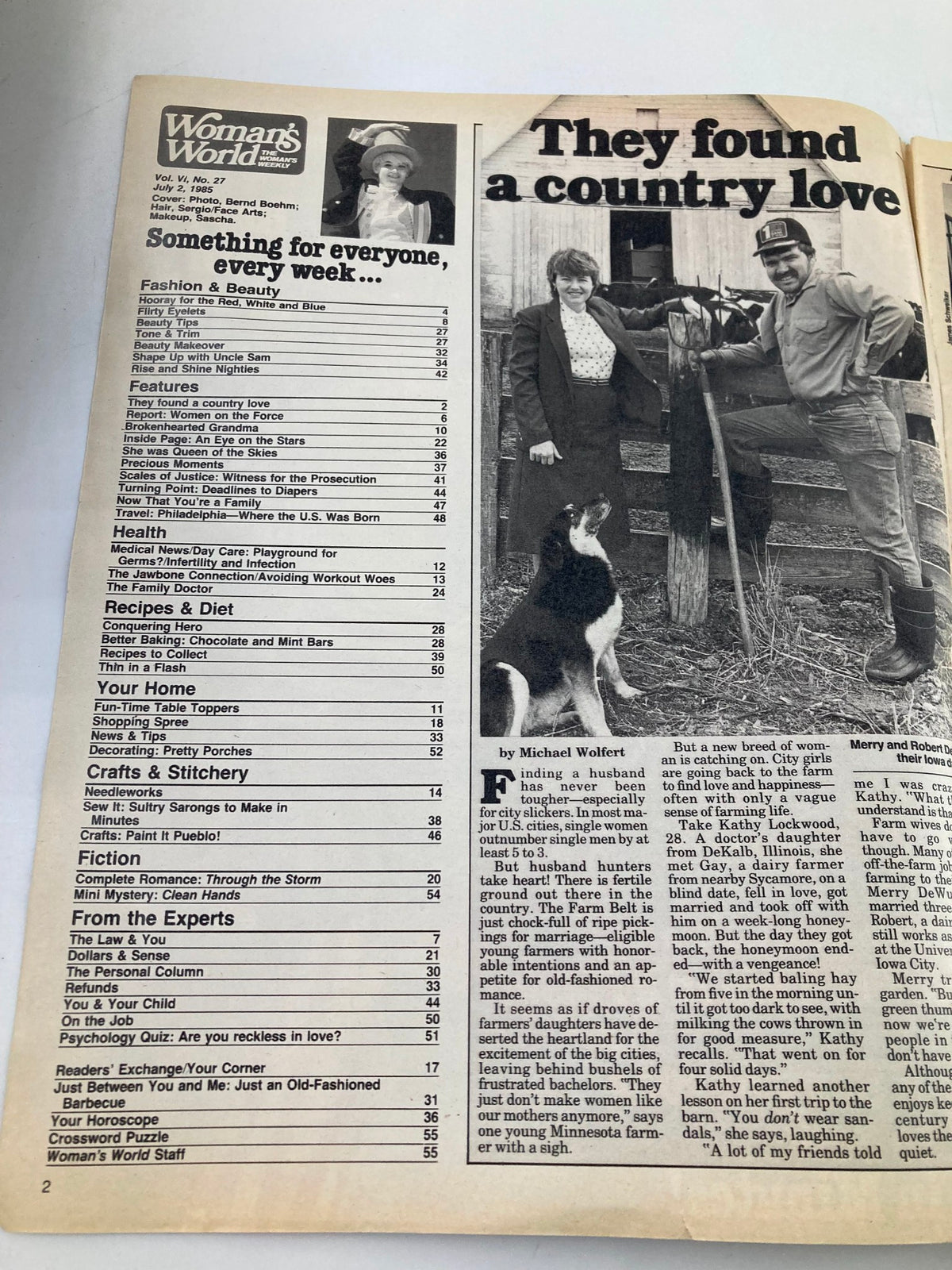 Woman's World Magazine July 2 1985 cover featuring an article titled 'They found a country love' along with various magazine sections and listings related to fashion, health, and recipes, indicating good condition and minor wear on the magazine.