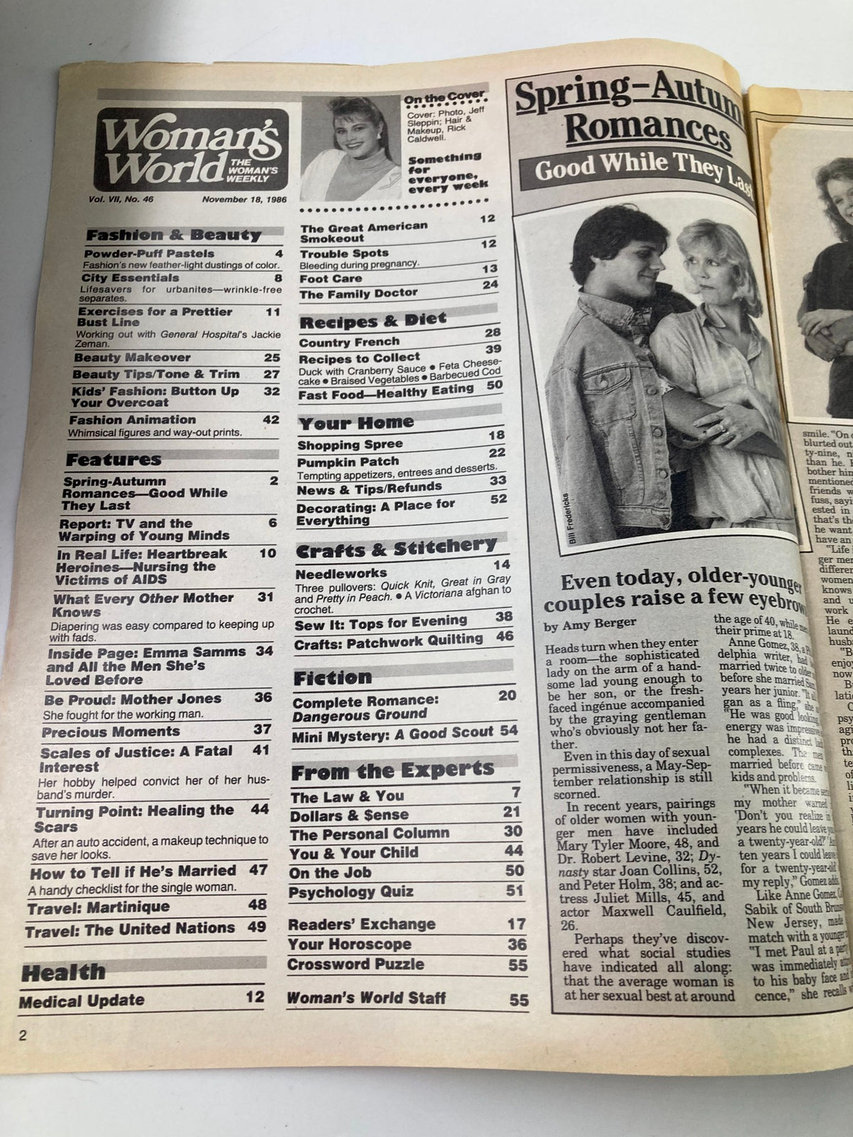 Inside page of Woman's World Magazine November 18 1986 listing features such as beauty tips, recipes, and articles on relationships. The page reflects the vintage style of the magazine.