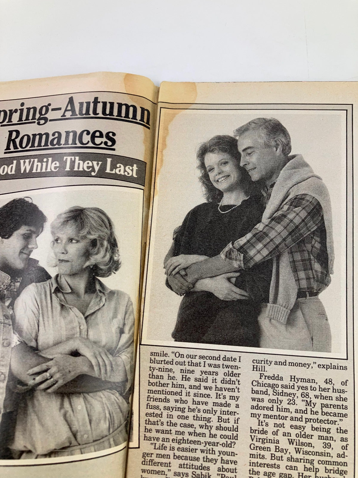Another inside page from Woman's World Magazine November 18 1986 featuring a photo of couples in 'Spring-Autumn Romances.' The page includes a discussion on relationships with an age gap.