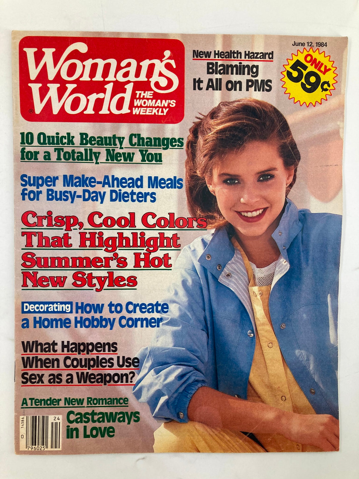 Cover of Woman's World Magazine June 12 1984 featuring the headline 'Blaming It All On PMS', showcasing a woman smiling in a blue jacket, with content highlights about beauty changes, meal suggestions for dieters, and fashion trends.