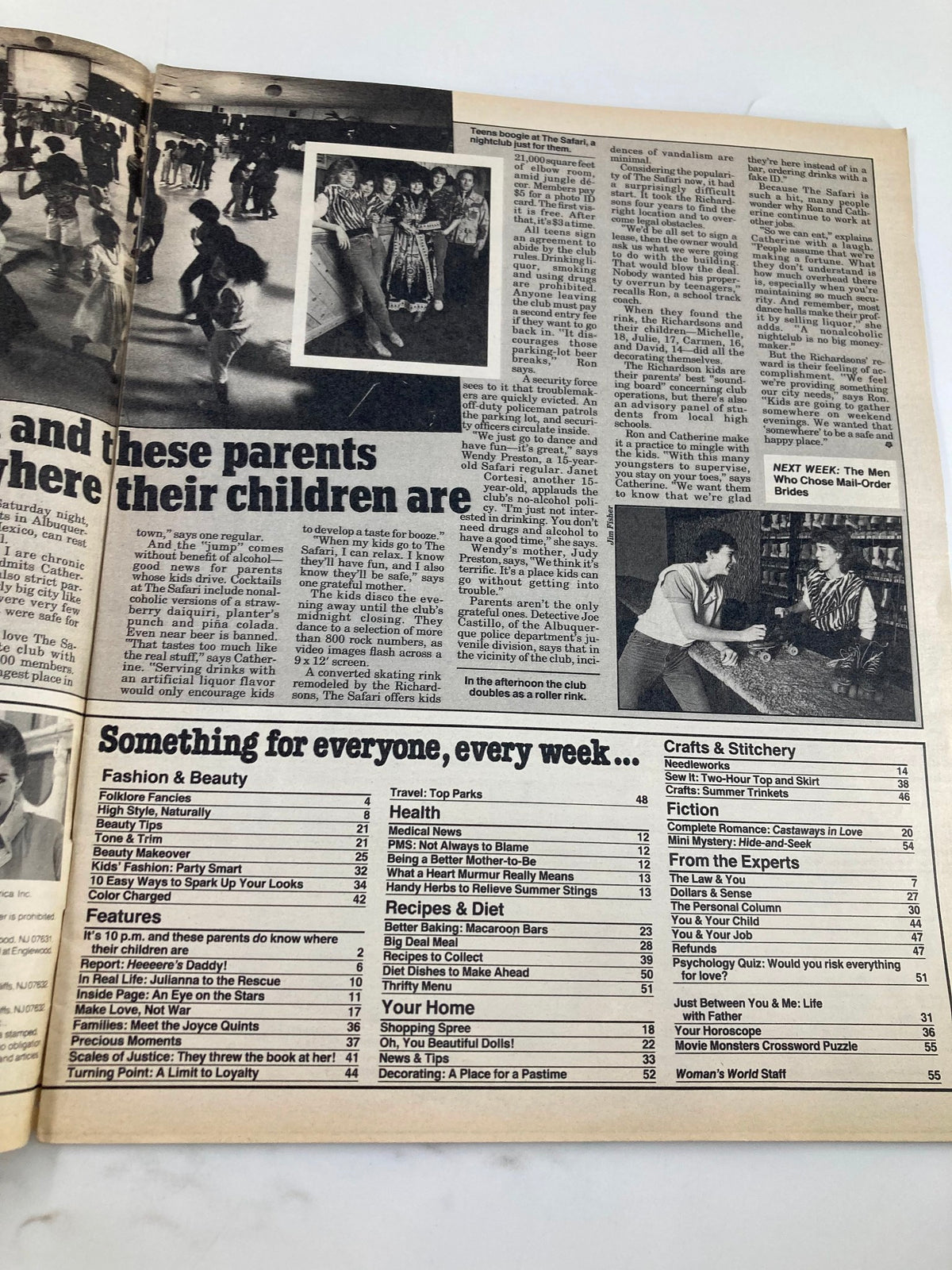 Inside page of Woman's World Magazine June 12 1984 displaying an article about parenting, featuring a photo of teens at a nightclub and a table of contents with various topics such as fashion, health, recipes, and crafts.