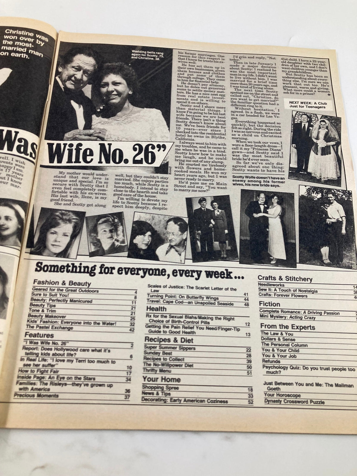 An article titled 'Wife No. 26' from Woman's World Magazine June 5, 1984, featuring images of a wedding and discussing the story of Scotty and his new bride, highlighting the themes of love and relationships. Includes a table of contents for other magazine features.