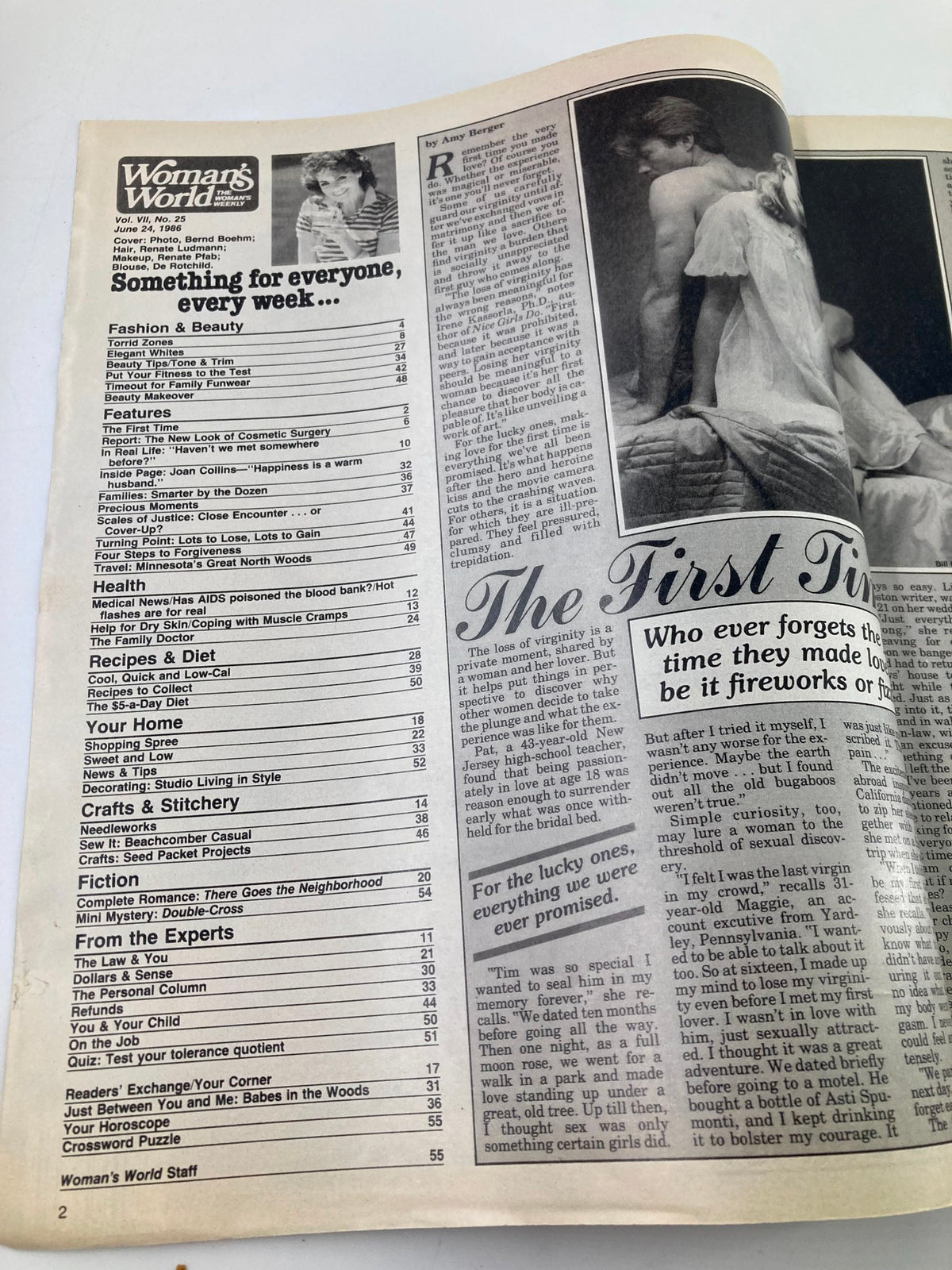 Inside page of Woman's World Magazine from June 24, 1986 featuring articles on fashion, beauty, health, and lifestyle, including information on cosmetic surgery, recipes, and personal stories. Title: Woman's World Magazine June 24 1986 Joan Collins' Happiness No Label.