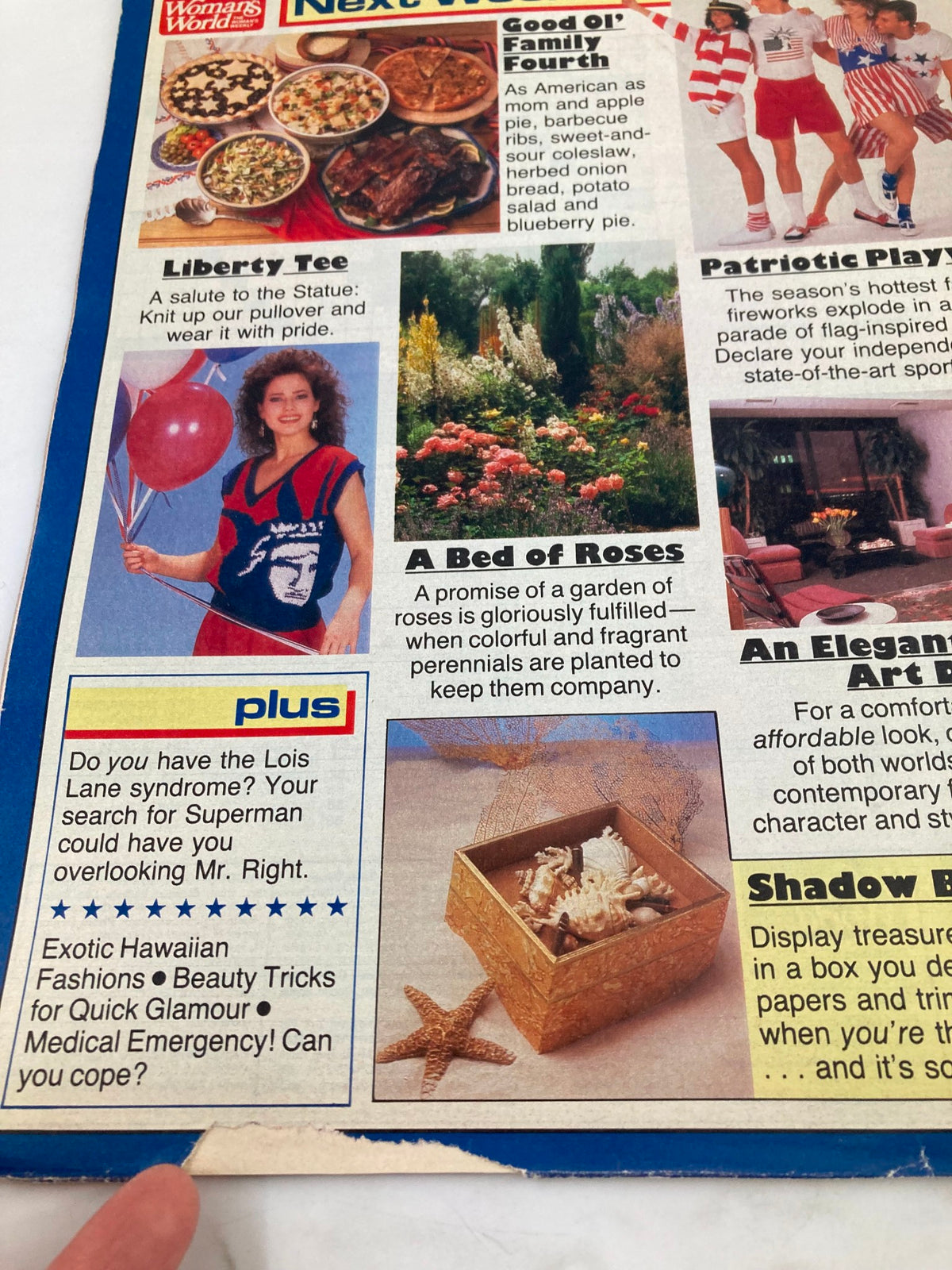 Back cover of Woman's World Magazine from June 24, 1986 showcasing upcoming features including recipes, fashion highlights, and articles on relationships. Title: Woman's World Magazine June 24 1986 Joan Collins' Happiness No Label.