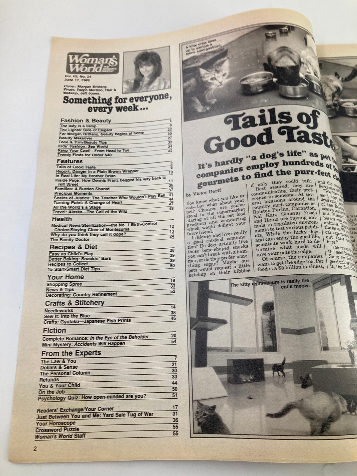 Inside page of Woman's World Magazine June 17, 1986 displaying the contents section and an image of cats with various articles including fashion and health.