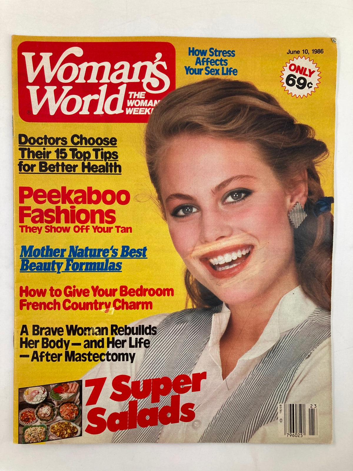 Cover of Woman's World Magazine from June 10, 1986 featuring an article titled 'Her Life After Mastectomy', showcasing a woman smiling with fashion tips, health advice and content focused on women's experiences.