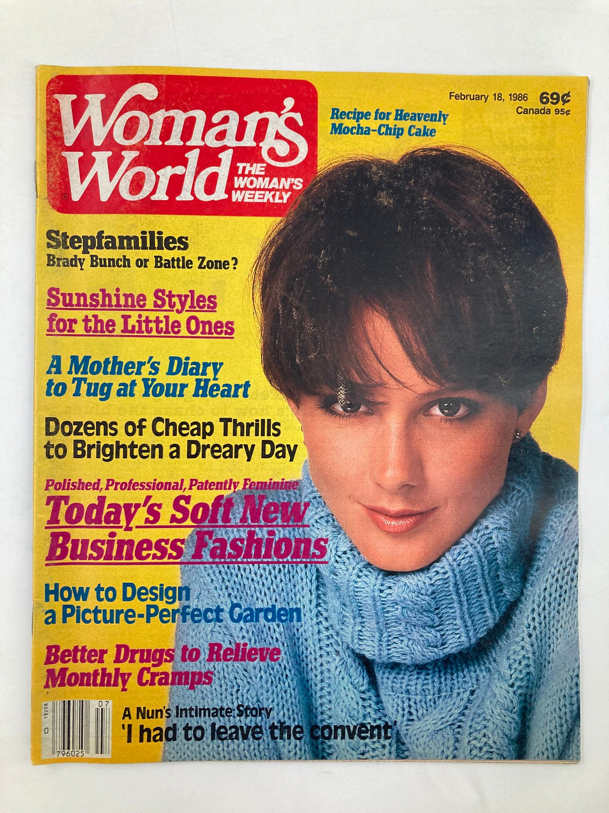 Cover of Woman's World Magazine February 18, 1986 featuring the recipe for Heavenly Mocha-Chip Cake. The cover highlights various articles including fashion and beauty tips, and features a woman in a cozy sweater.