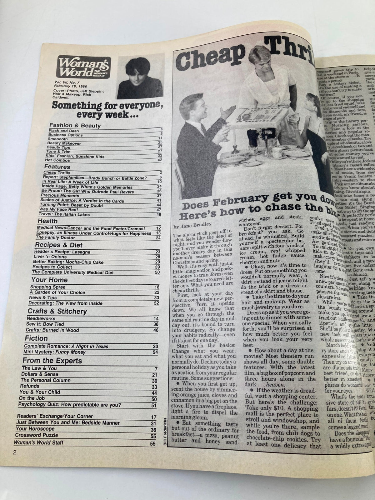 Interior page of Woman's World Magazine February 18, 1986, displaying the table of contents with various features including health and beauty tips, recipes, and family advice. The magazine's focus is on providing valuable content for women.