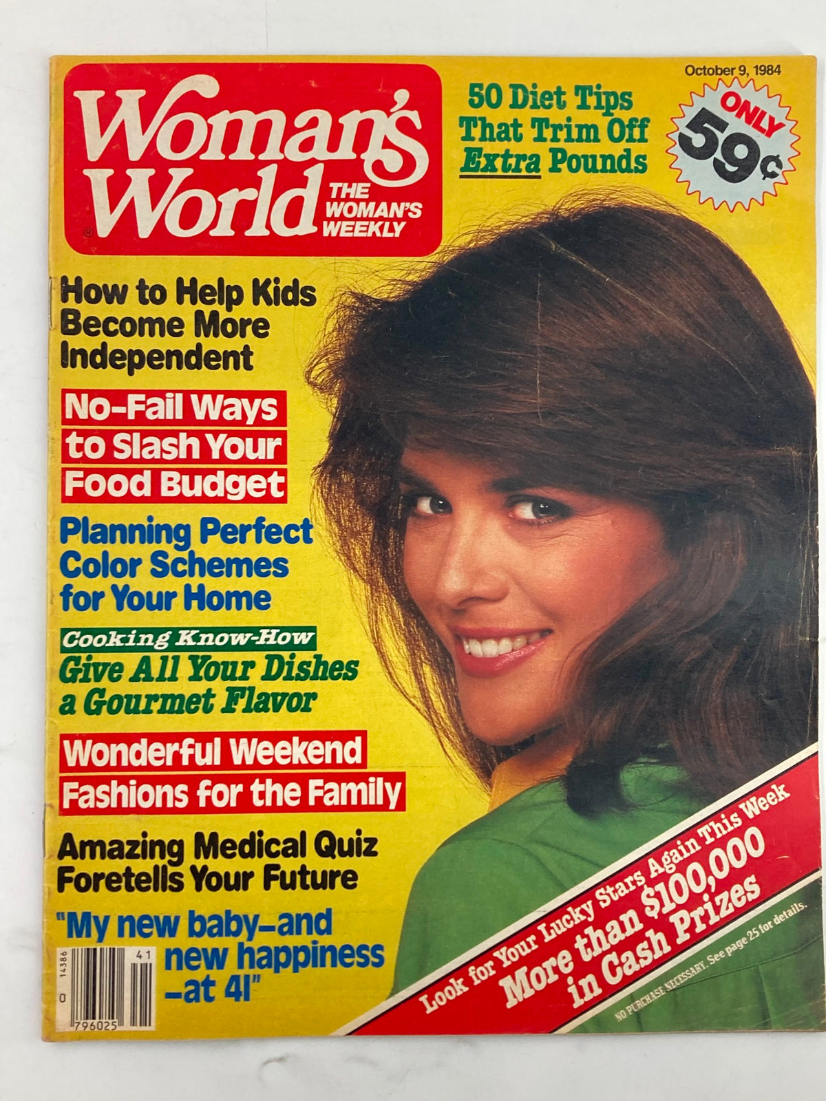Cover of Woman's World Magazine, October 9, 1984 featuring the title 'Woman's World The Woman's Weekly', highlighting articles such as weight loss tips and family fashion, showcasing a woman smiling.