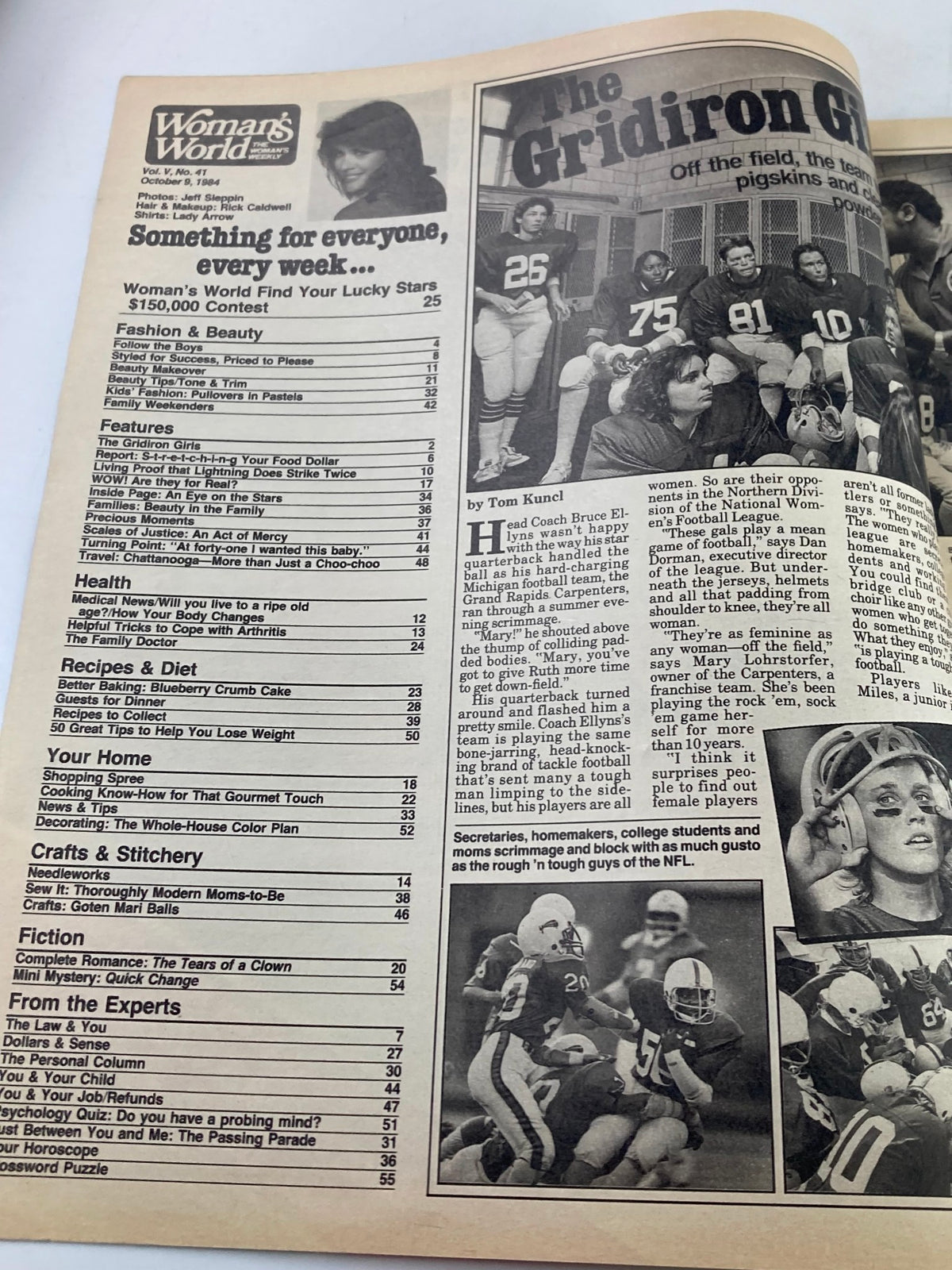 Inside page of Woman's World Magazine, October 9, 1984 containing the table of contents and an article titled 'The Gridiron Girls', highlighting women's participation in football.