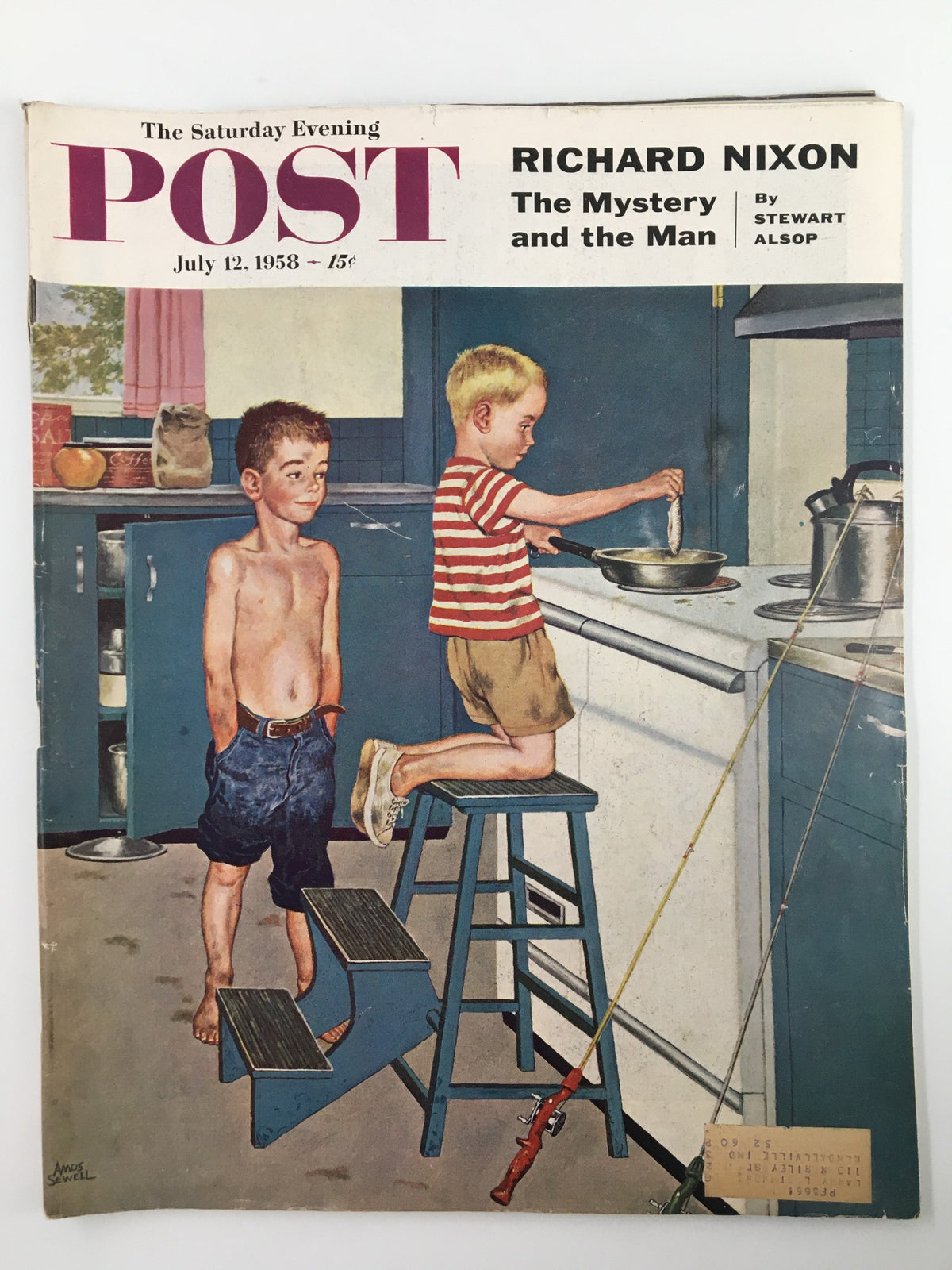 Cover of The Saturday Evening Post, July 12, 1958 featuring the title 'Richard Nixon: The Mystery and The Man', showing two boys in a kitchen, one cooking and one observing, capturing mid-20th century American life.