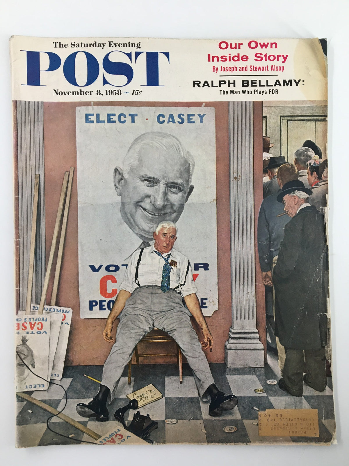 Cover of The Saturday Evening Post dated November 8, 1958, featuring Ralph Bellamy in the article 'The Man Who Plays FDR', showcasing a vintage political scene with artwork depicting a voter and election theme.