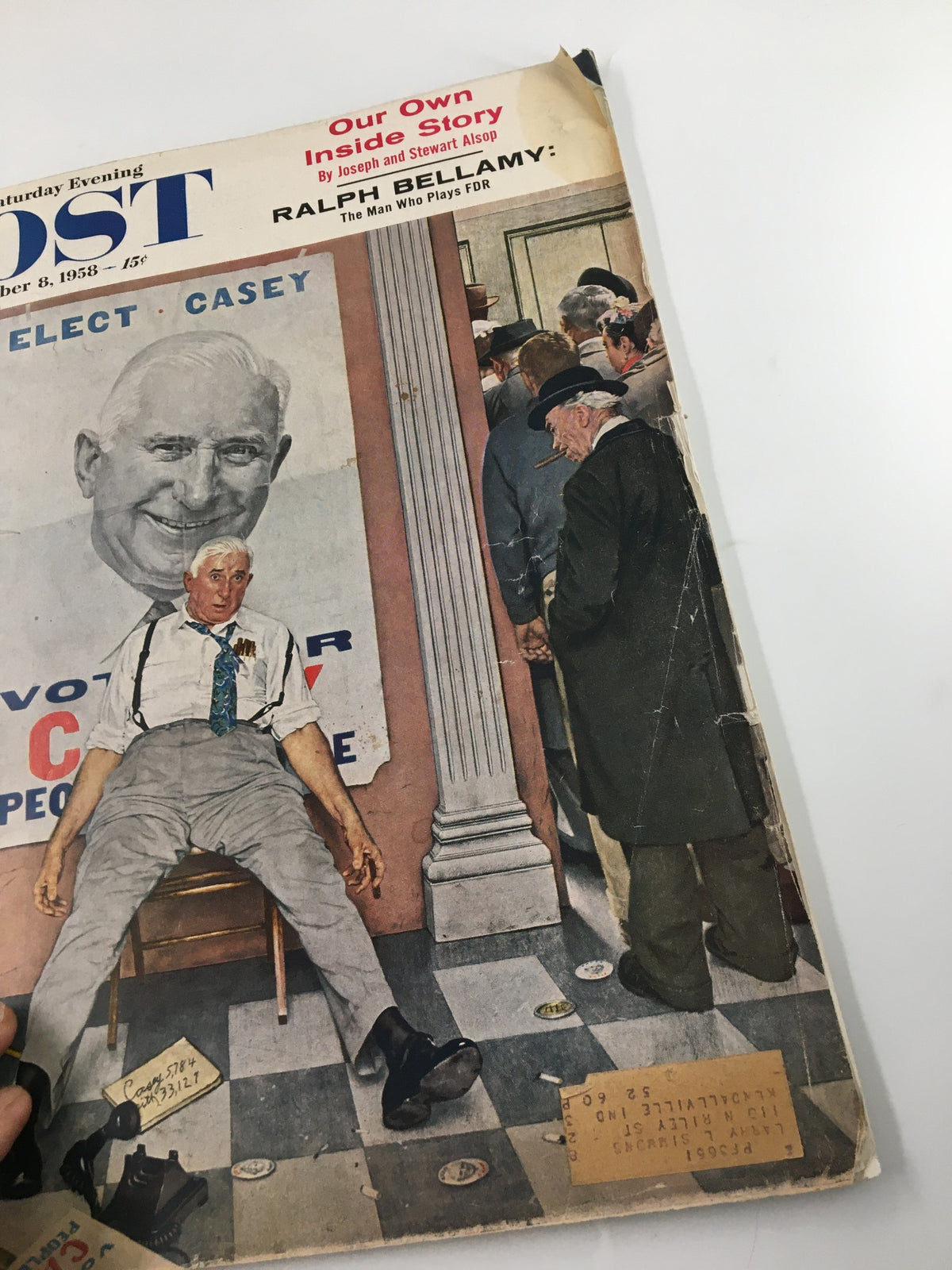 The Saturday Evening Post November 8, 1958 cover highlighting Ralph Bellamy as 'The Man Who Plays FDR', featuring a nostalgic illustration related to voting and politics along with a crowd observing.