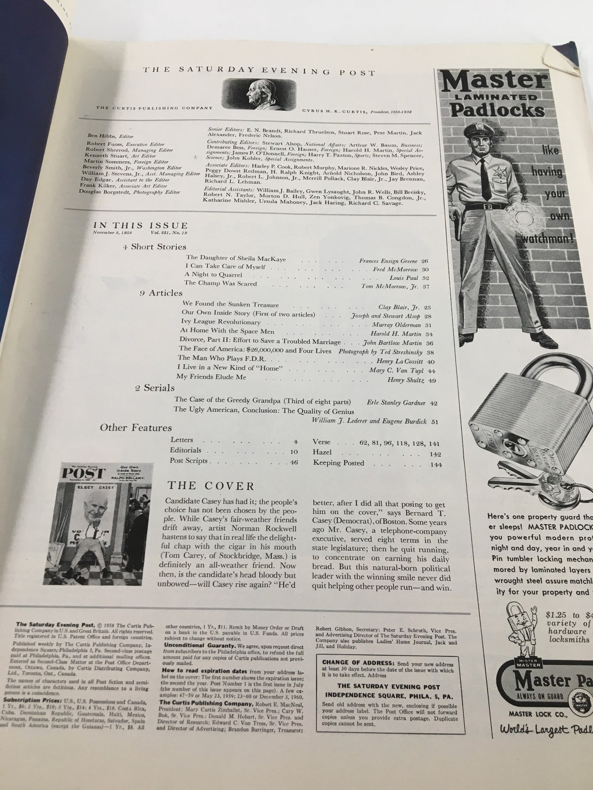 Interior page of The Saturday Evening Post November 8, 1958, featuring contents and articles including 'The Man Who Plays FDR' by Ralph Bellamy. The page showcases historical magazine layout and advertisements from the late 1950s.