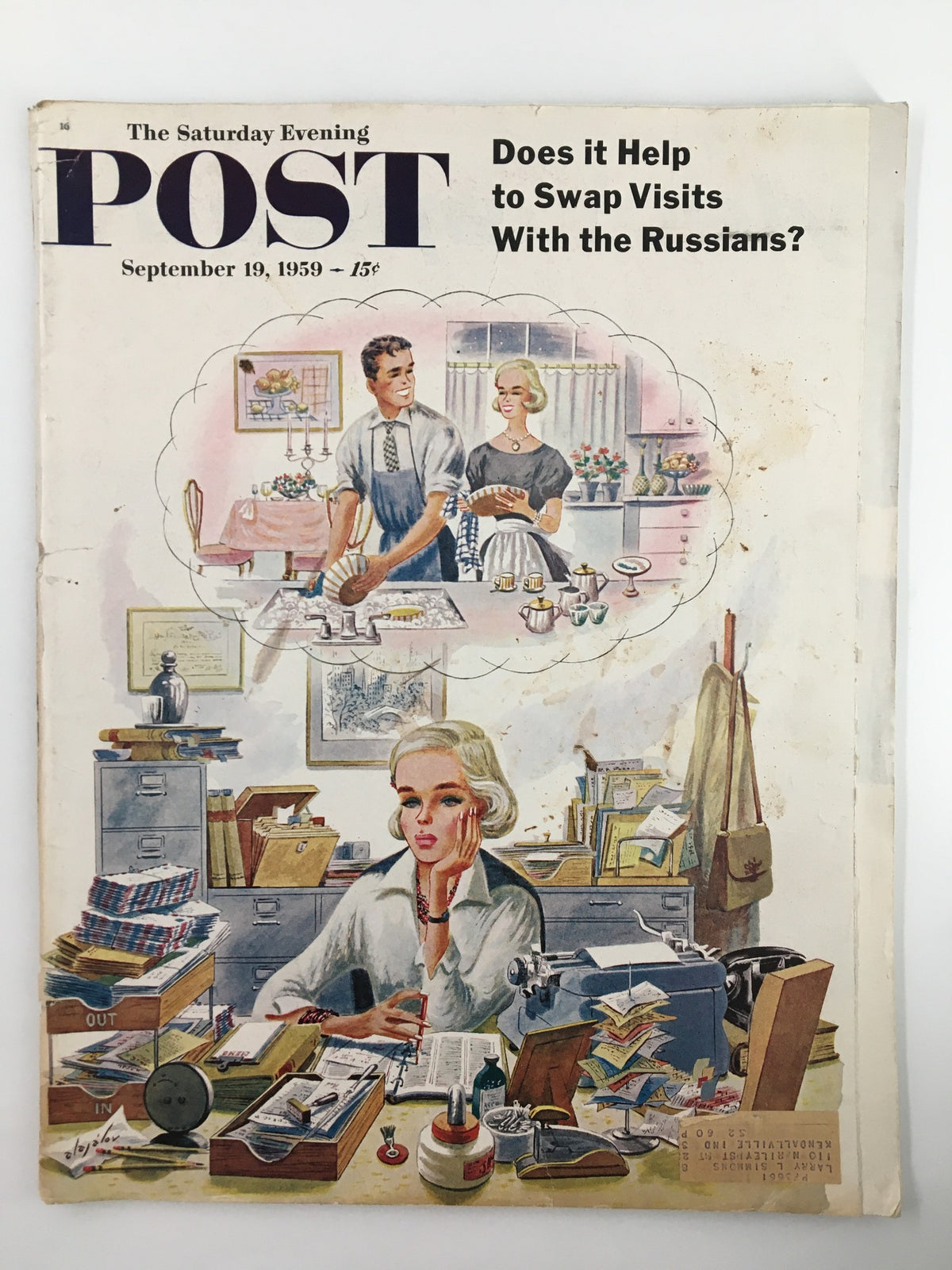 Cover of The Saturday Evening Post from September 19, 1959, featuring the headline 'Does it Help to Swap Visits With the Russians?' The illustration depicts a young woman contemplating in an office setting with a nostalgic design reflecting 1950s culture.