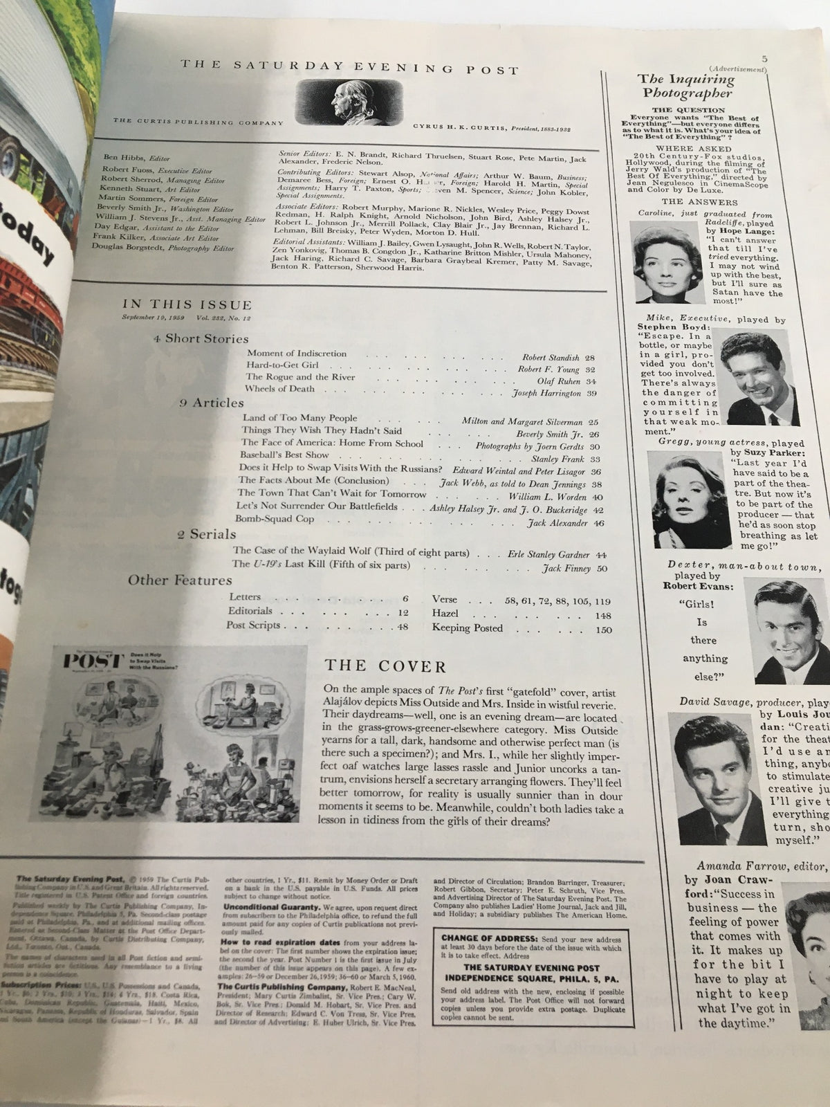 Inside page of The Saturday Evening Post September 19, 1959, showcasing the table of contents with listed articles, emphasizing features such as 'Does it Help to Swap Visits With the Russians?' as part of the issue's intriguing content.