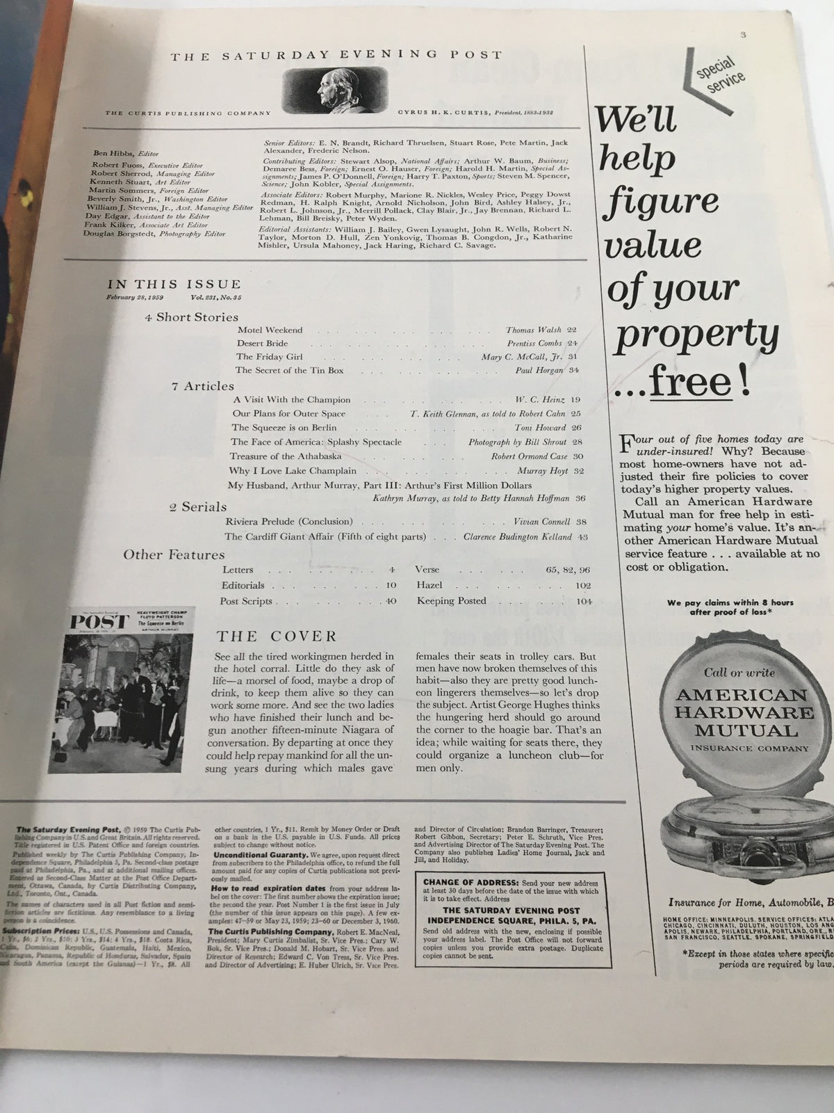 Inside page of The Saturday Evening Post February 28 1959 issue, showcasing the table of contents and magazine details.