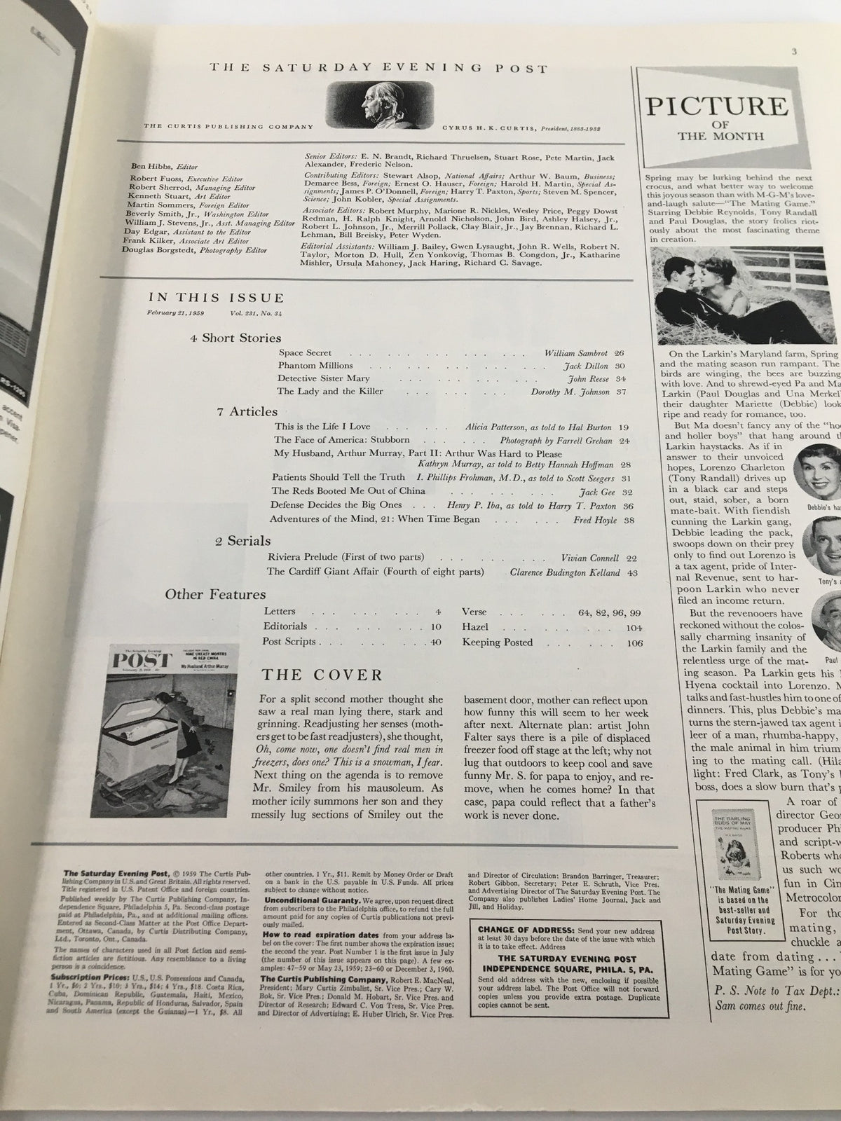 Interior page of The Saturday Evening Post February 21 1959 showcasing the table of contents and articles, including 'Nine Uneasy Months in Red China', reflecting the magazine's rich historical context.