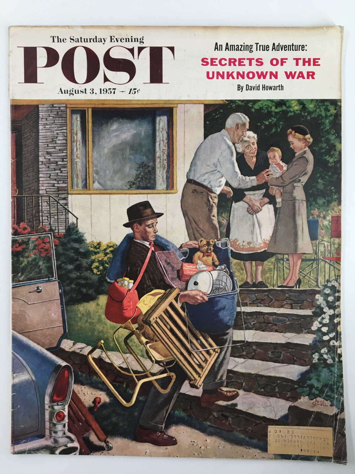 Cover of The Saturday Evening Post dated August 3, 1957, featuring the article 'Secrets of the Unknown War', depicting a charming family scene with a man carrying various items, set against a nostalgic mid-20th century backdrop.