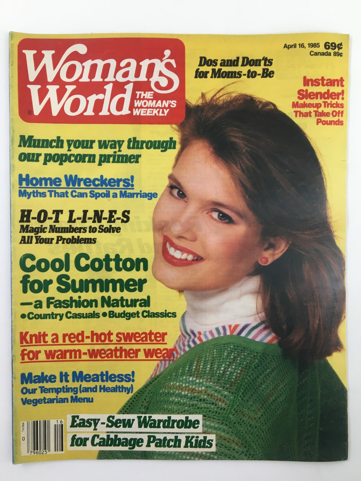 Cover of Woman's World Magazine April 16 1985 featuring articles on parenting, fashion, and cooking, highlighting an Easy-Sew wardrobe for Cabbage Patch Kids.