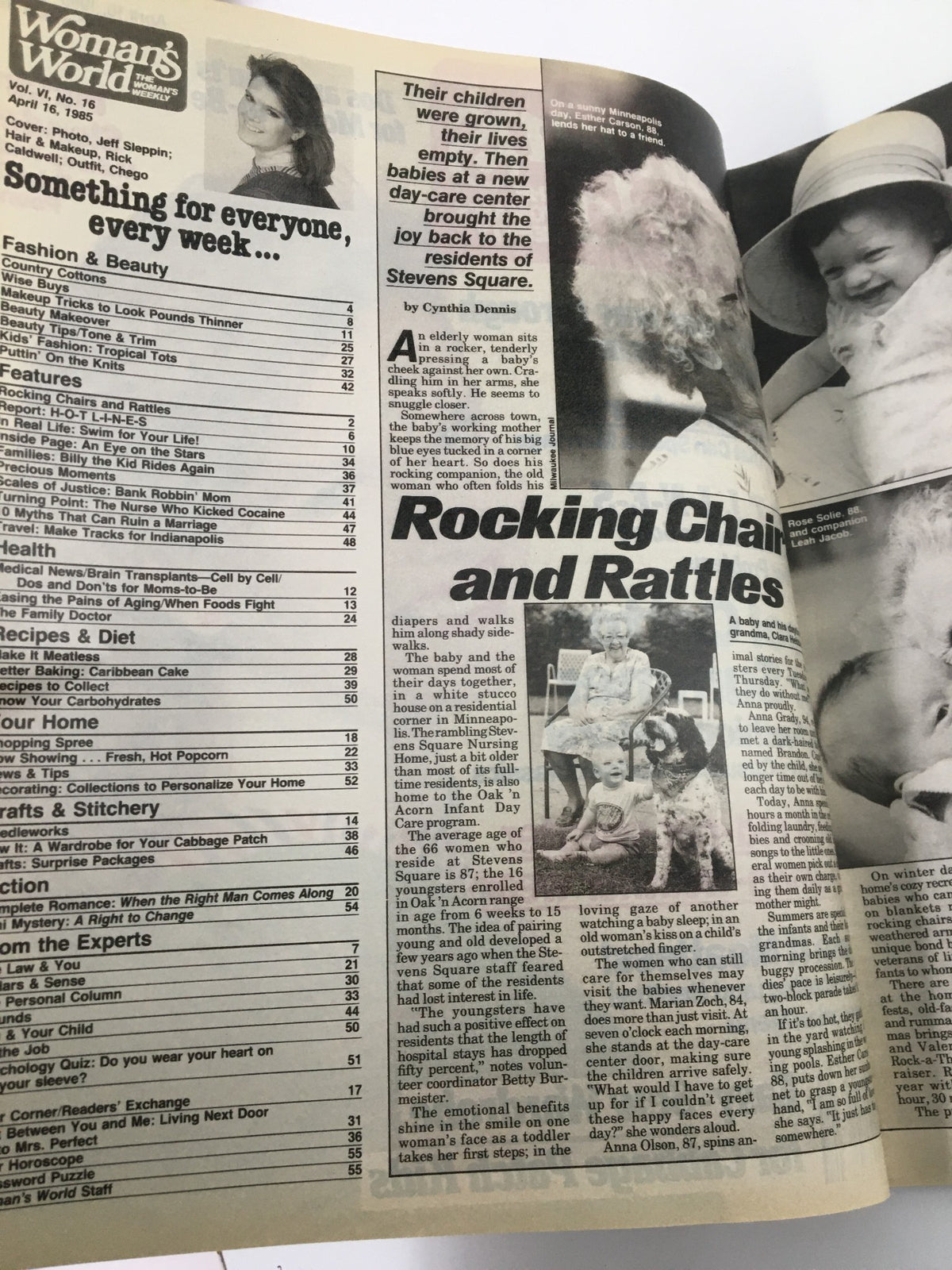 Page inside Woman's World Magazine April 16 1985 showcasing an article titled 'Rocking Chairs and Rattles', focusing on parenting stories and advice.