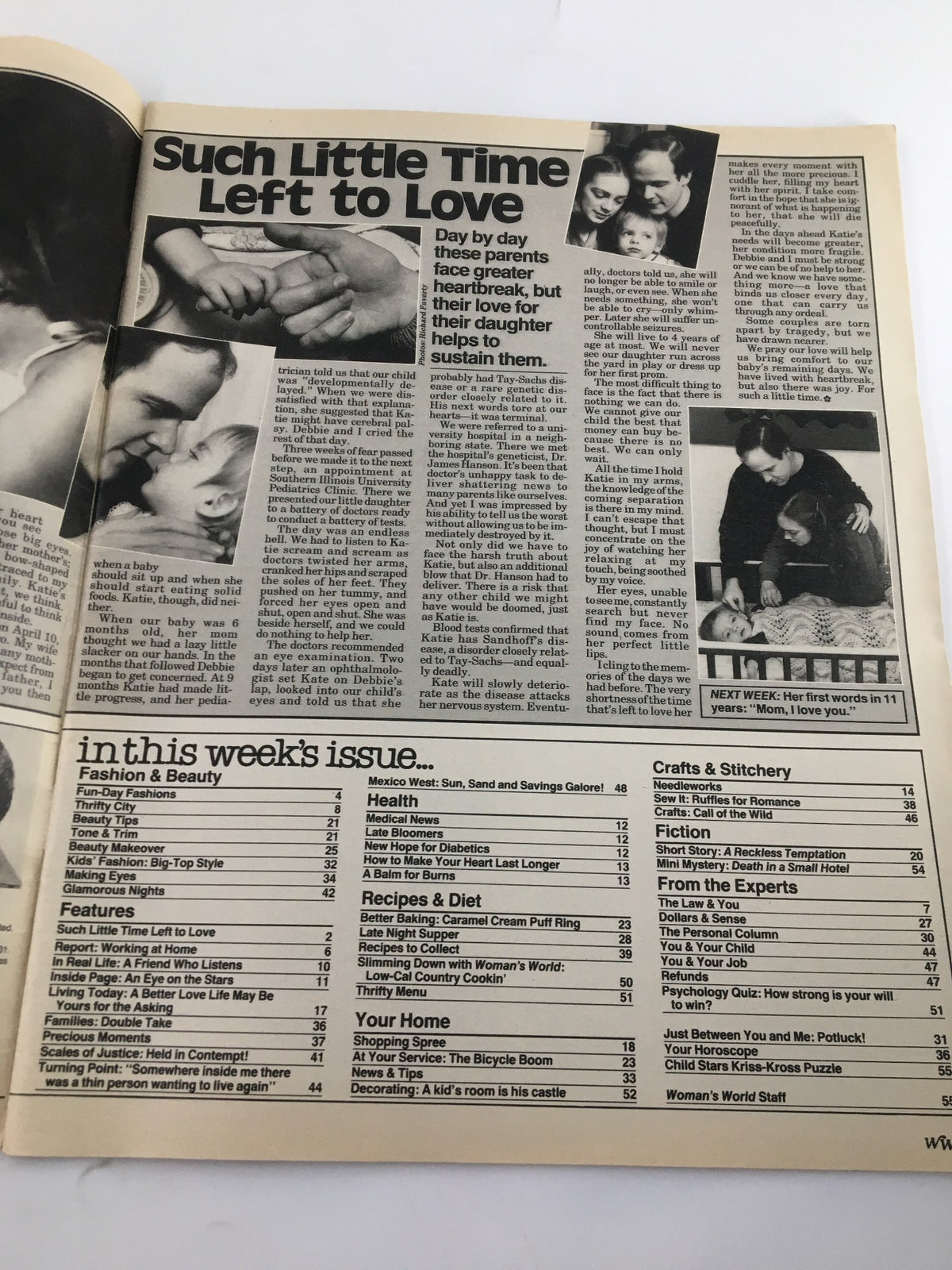 Woman's World Magazine May 1 1984 featuring the article 'Such Little Time Left to Love'. The image shows pages from the magazine, with a focus on heartwarming family themes and articles. Includes images of family connections and personal stories, showcasing vintage lifestyle content.