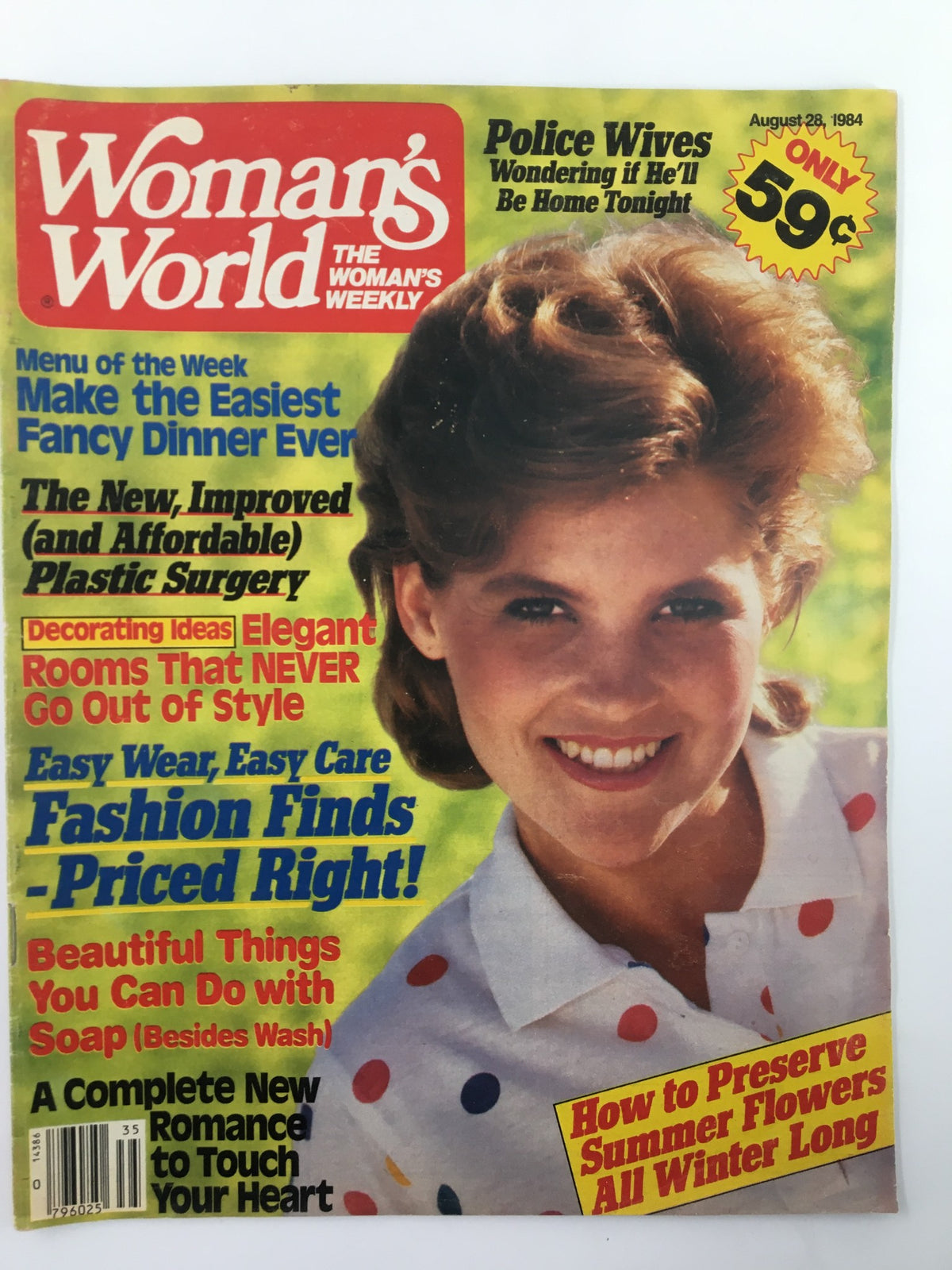 Cover of Woman's World Magazine August 28, 1984 featuring articles on easy dinner ideas, affordable plastic surgery, and creative uses for soap.