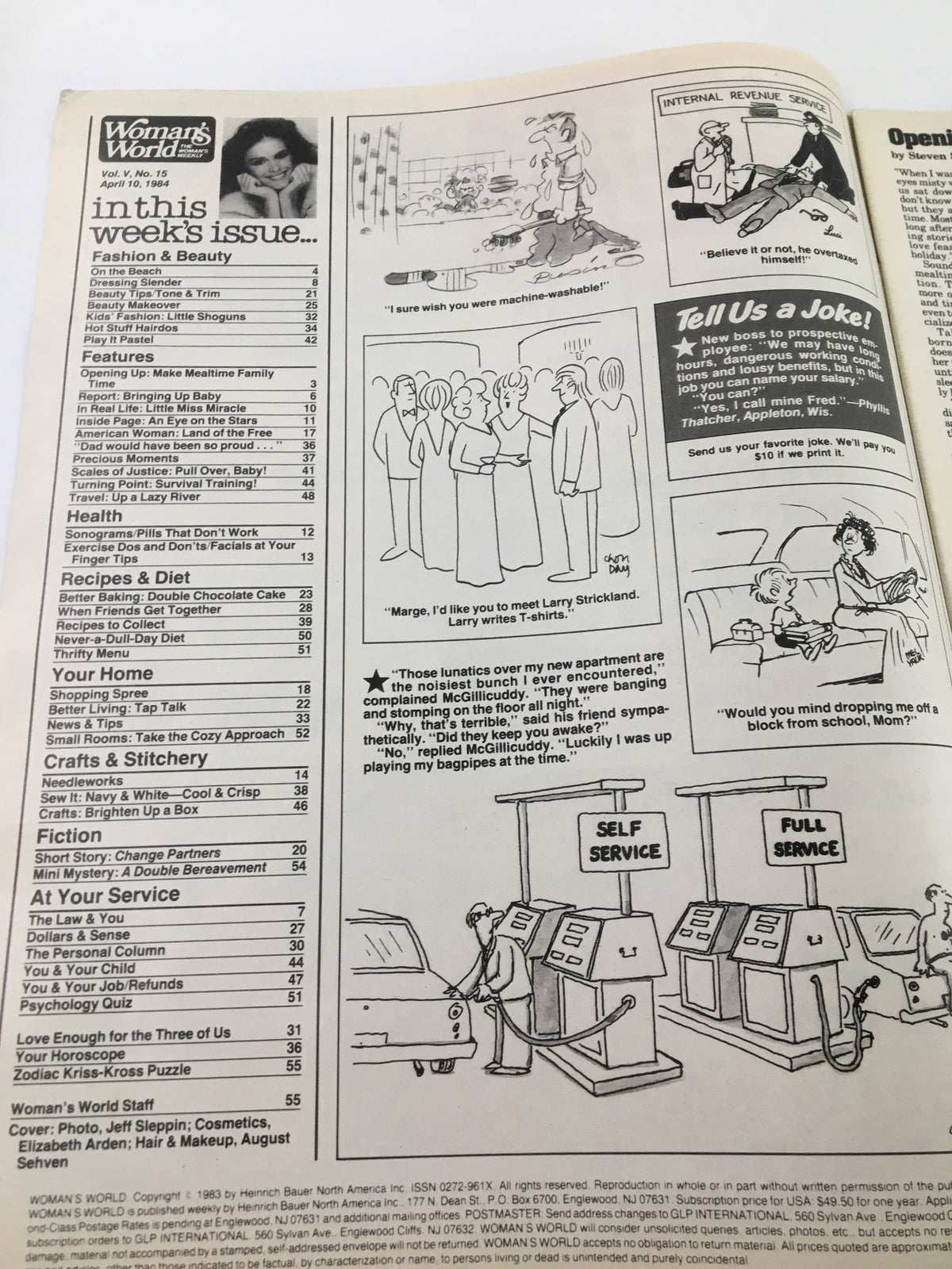 Inside page of Woman's World Magazine April 10 1984 showing the contents section. It includes listings of articles on fashion, recipes, and features like 'How to Cope with That Office Bozo'.