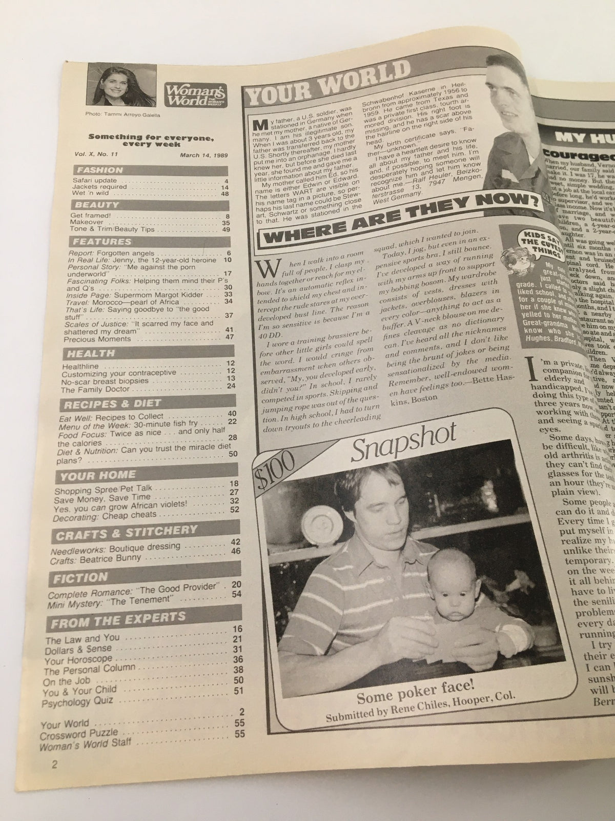 Interior page of Woman's World Magazine March 14, 1989 displaying the table of contents and various articles including fashion tips and personal stories.