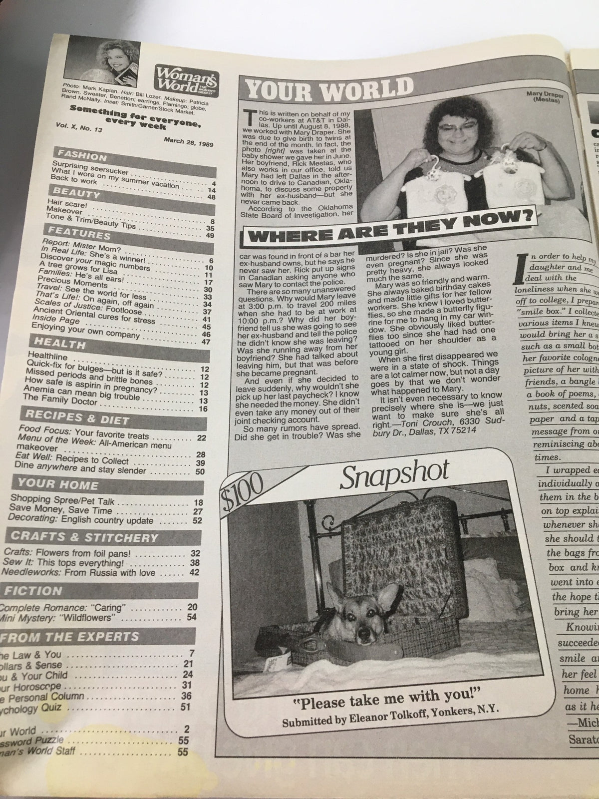Woman's World Magazine March 28 1989, featuring articles on fashion, health, and recipes. The image showcases the magazine's layout with a focus on a section titled 'YOUR WORLD,' highlighting reader submissions and features.