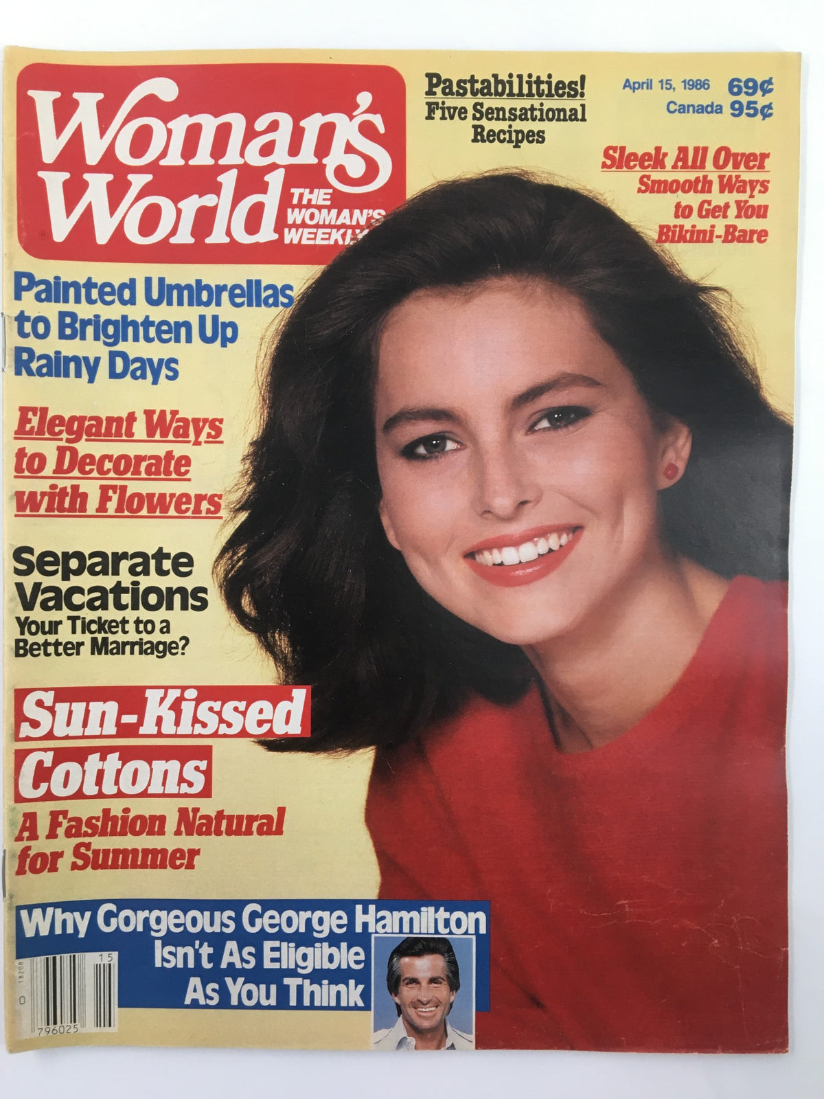 Cover of Woman's World Magazine April 15 1986 featuring Gorgeous George Hamilton, with articles on fashion, beauty, and recipes.