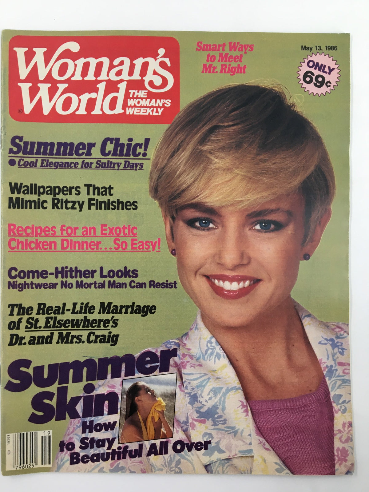 Cover of Woman's World Magazine May 13, 1986 featuring articles on summer fashion, recipes, and the real-life marriage of St. Elsewhere's Dr. and Mrs. Craig.