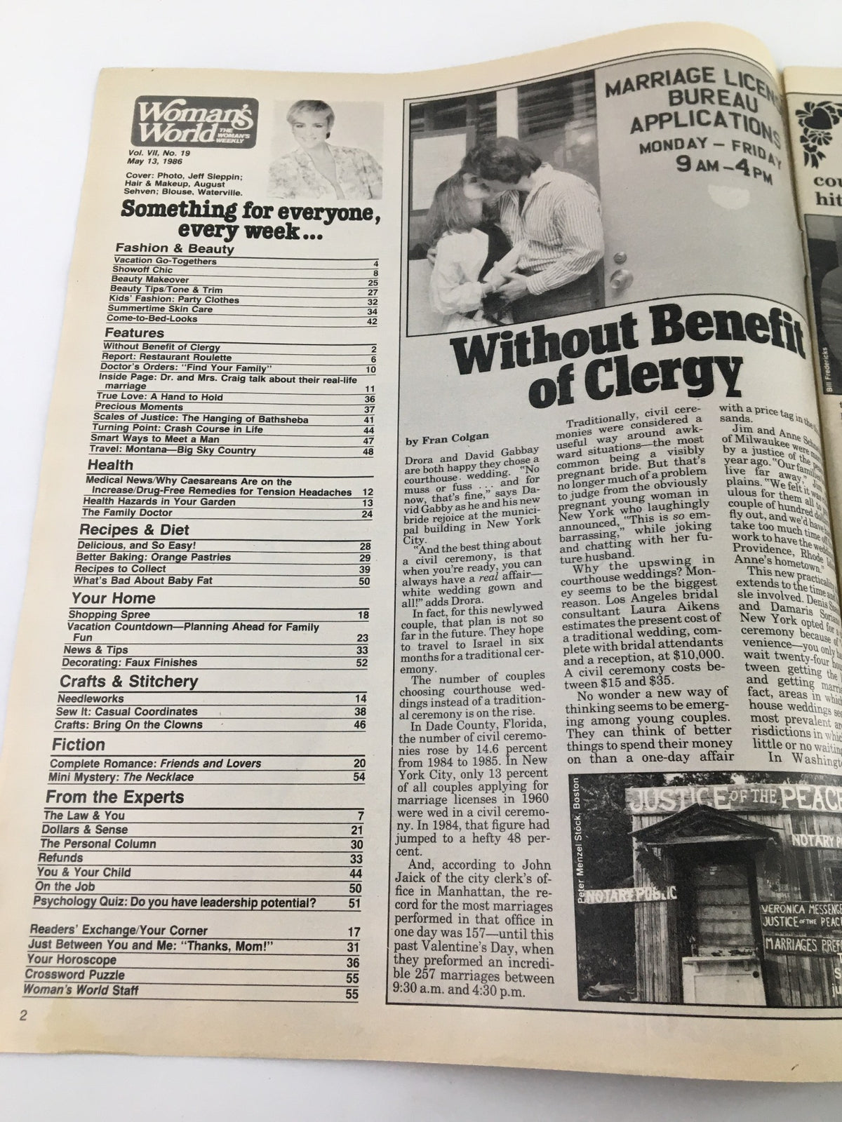 Inside page of Woman's World Magazine May 13, 1986 displaying the table of contents and an article titled 'Without Benefit of Clergy' discussing civil ceremonies.