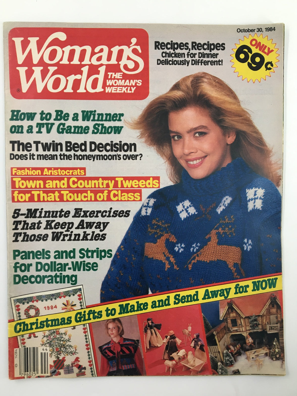 Cover of Woman's World Magazine dated October 30, 1984 featuring articles on recipes, home decor, and a model in a blue knitted sweater with a scenic pattern. Highlighted sections include 'Christmas Gifts to Make' and '5-Minute Exercises'.