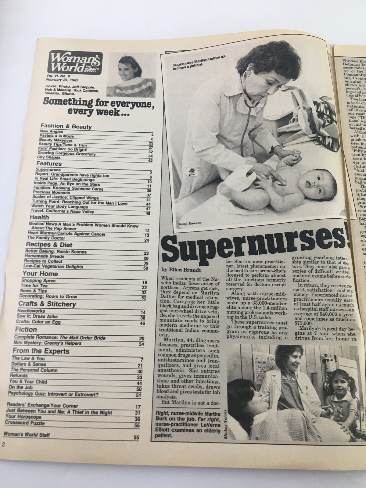 Inside page of Woman's World Magazine February 26, 1985, displaying a table of contents along with an article titled 'Supernurses', featuring a nurse examining a baby.