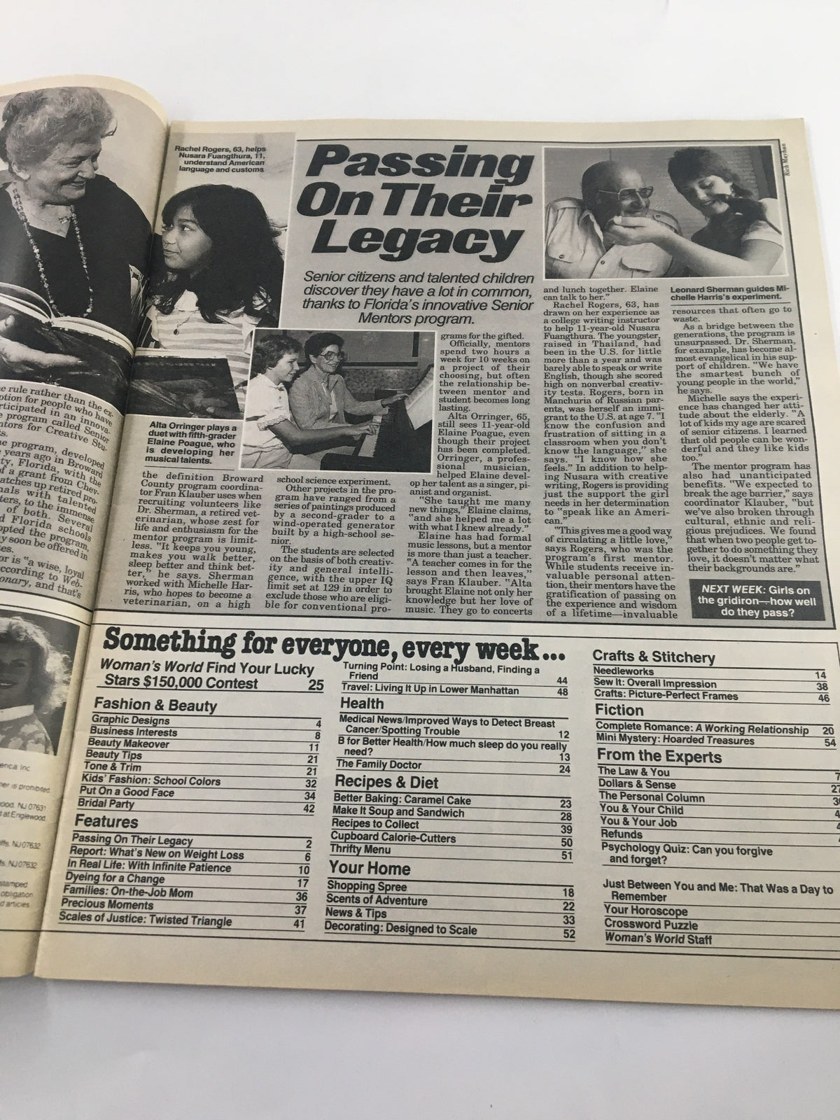 Inside page of Woman's World Magazine October 2, 1984 showcasing an article titled 'Passing On Their Legacy,' highlighting the Senior Mentors program with images of seniors mentoring children.