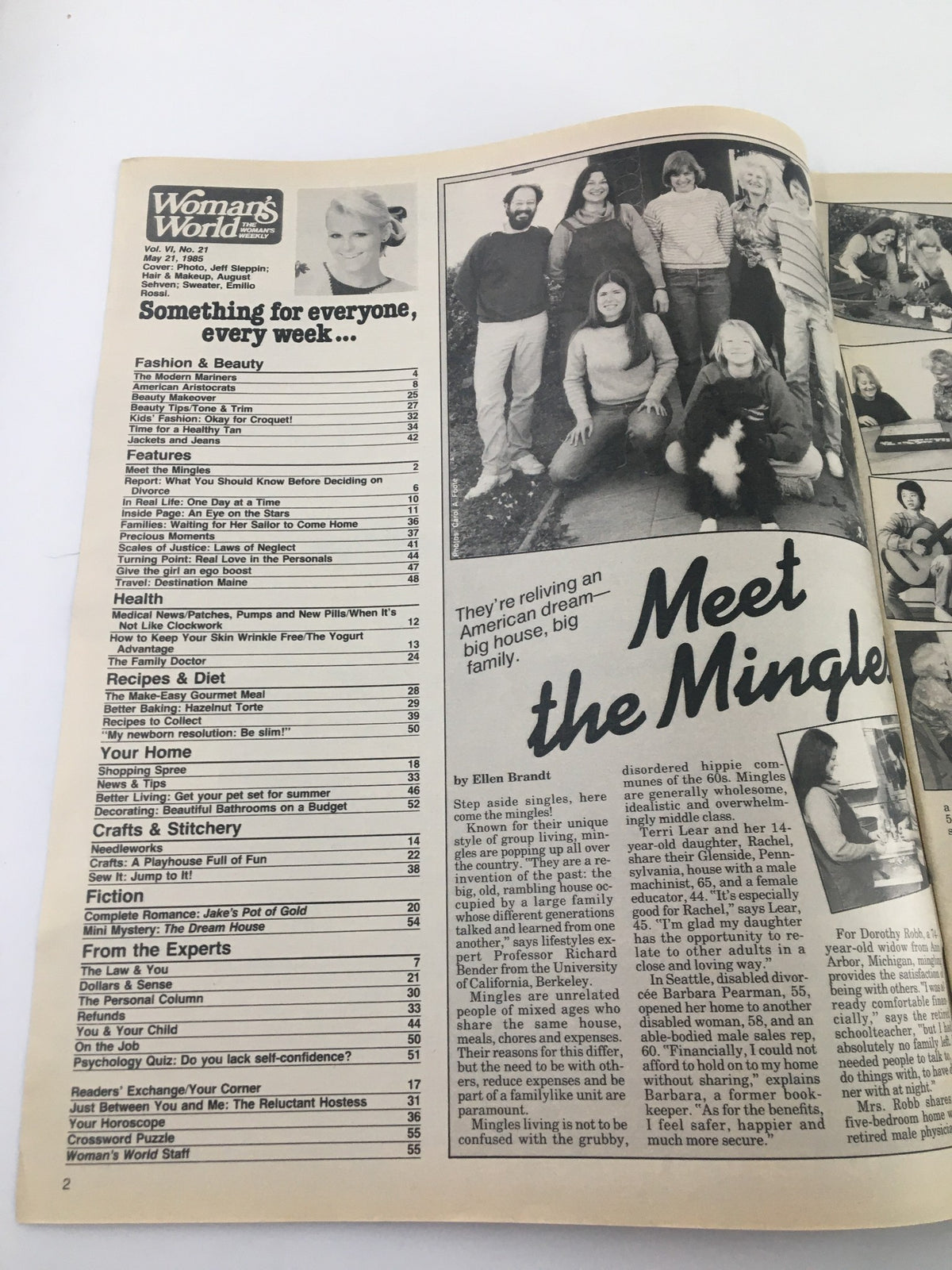 Interior page of Woman's World Magazine from May 21, 1985 showcasing the table of contents and an article titled 'Meet the Mingles' alongside a group photo of people, reflecting themes of community and lifestyle.