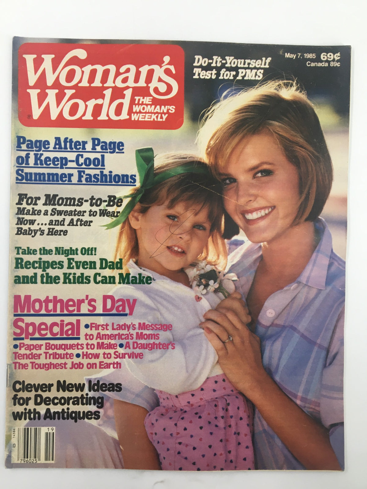Woman's World Magazine cover from May 7, 1985, featuring a mother and daughter, with headlines about summer fashions and Mother's Day special, showcasing 'A Daughter's Tender Tribute.'