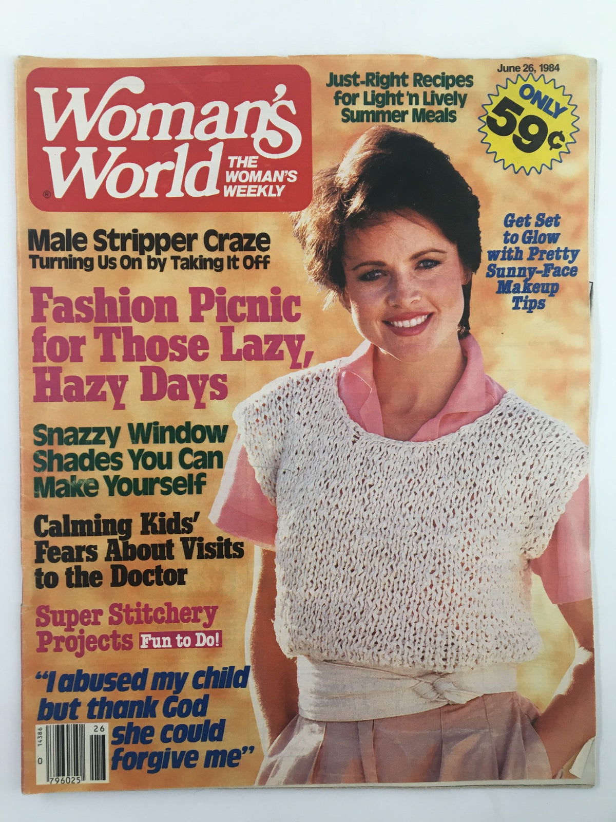 Cover of Woman's World Magazine June 26 1984 featuring Super Stitchery Projects. The cover includes headlines about fashion picnics, recipes for summer meals, and tips for kids' fears about doctor visits. The magazine is priced at 59 cents and highlights creative projects.