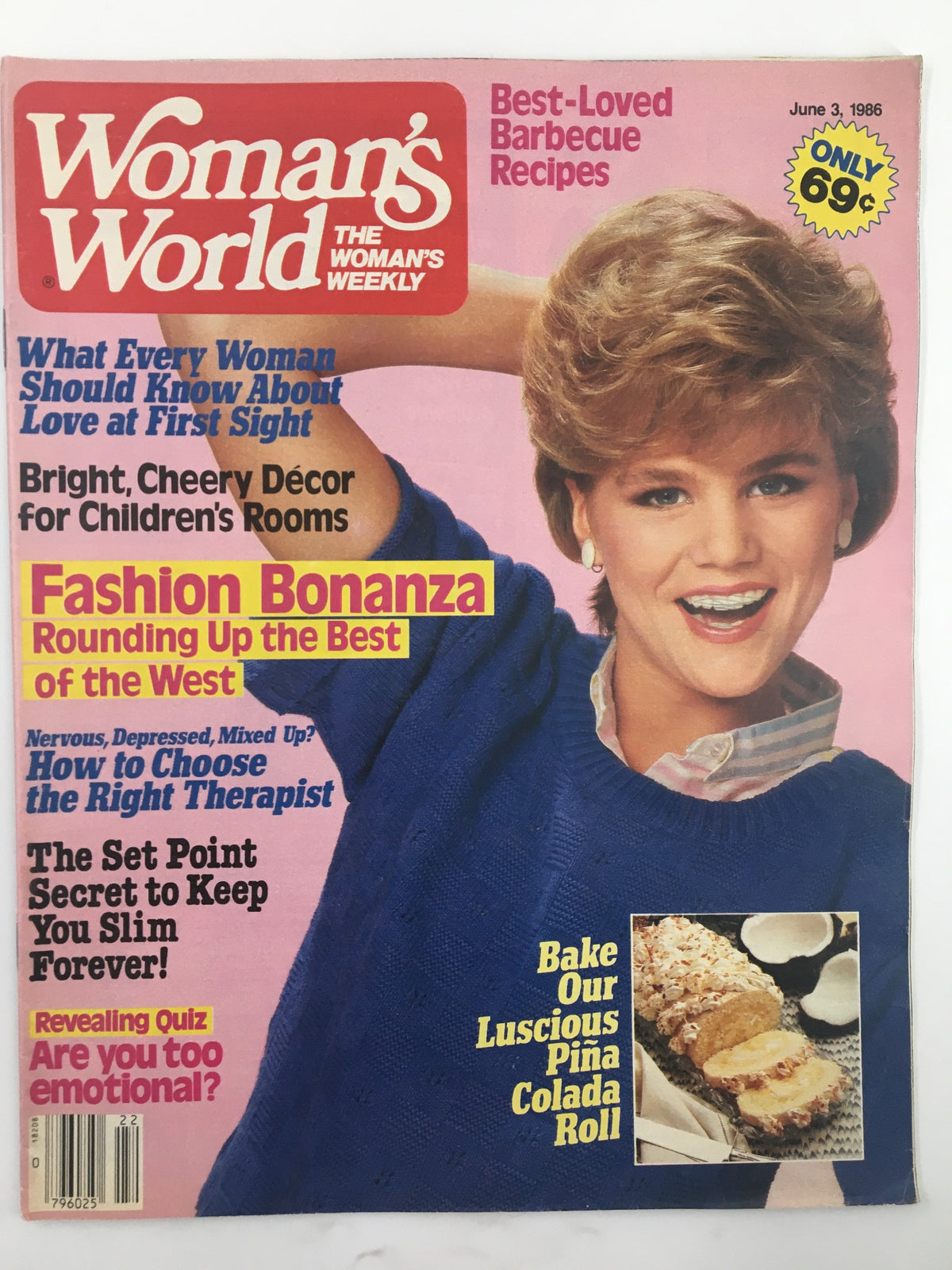 Cover of Woman's World Magazine June 3 1986 featuring Best-Loved Barbecue Recipes and a smiling woman in a blue sweater.